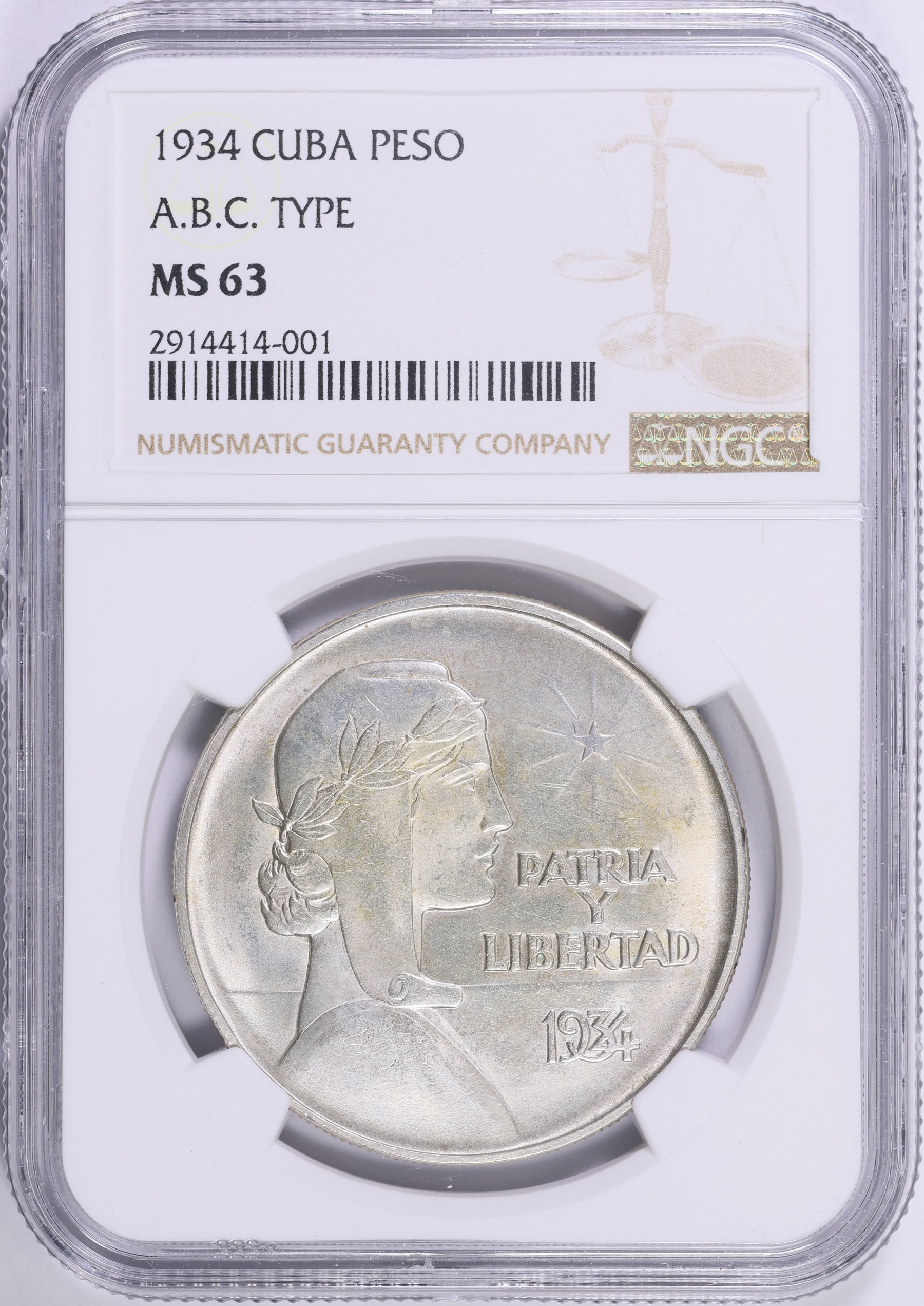 Cuba 1934 Silver Peso ABC KM-22 NGC MS-63 (Item 2004611 