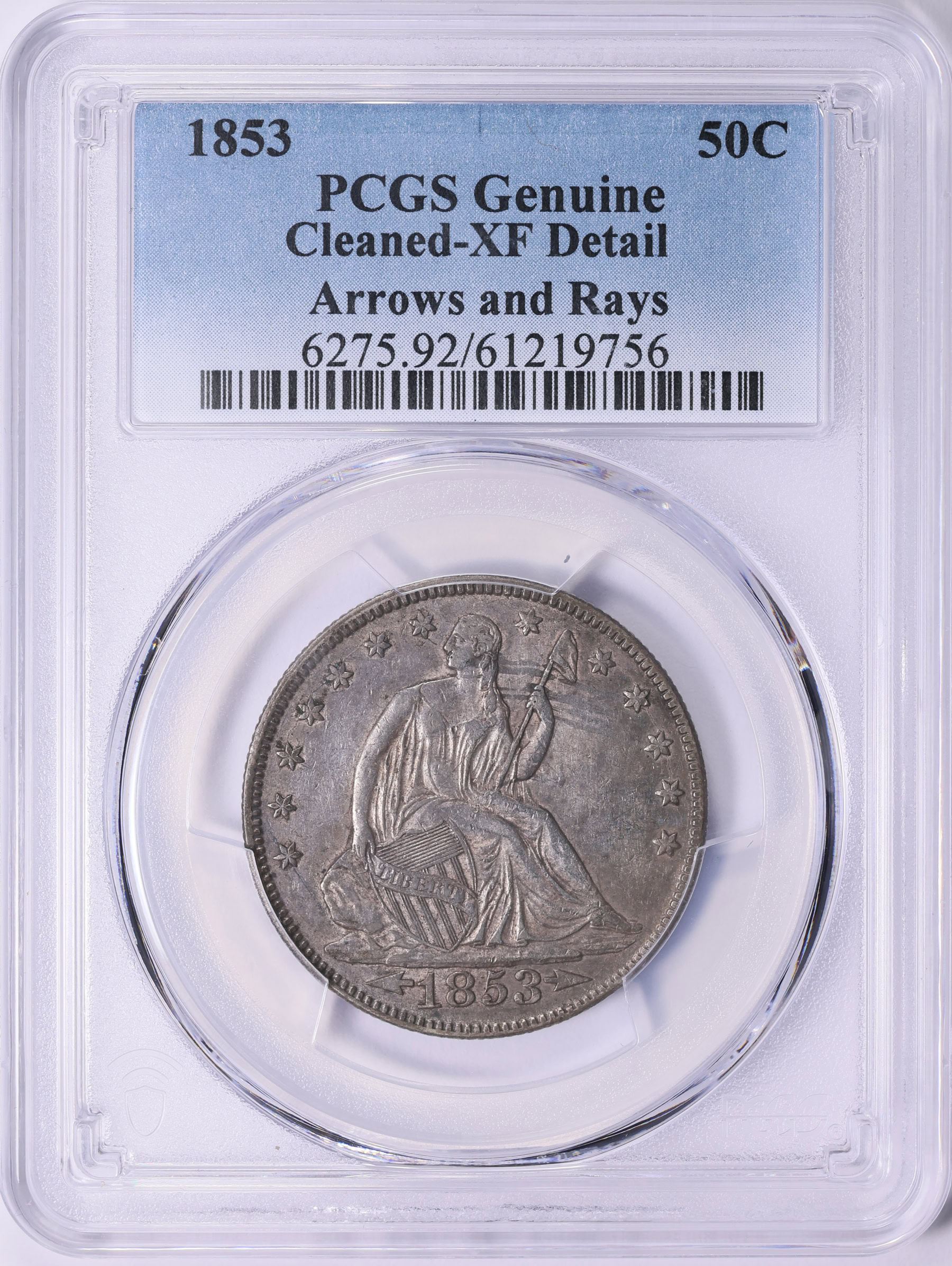 1853 Seated Liberty Half Dollar Arrows and Rays PCGS Genuine XF