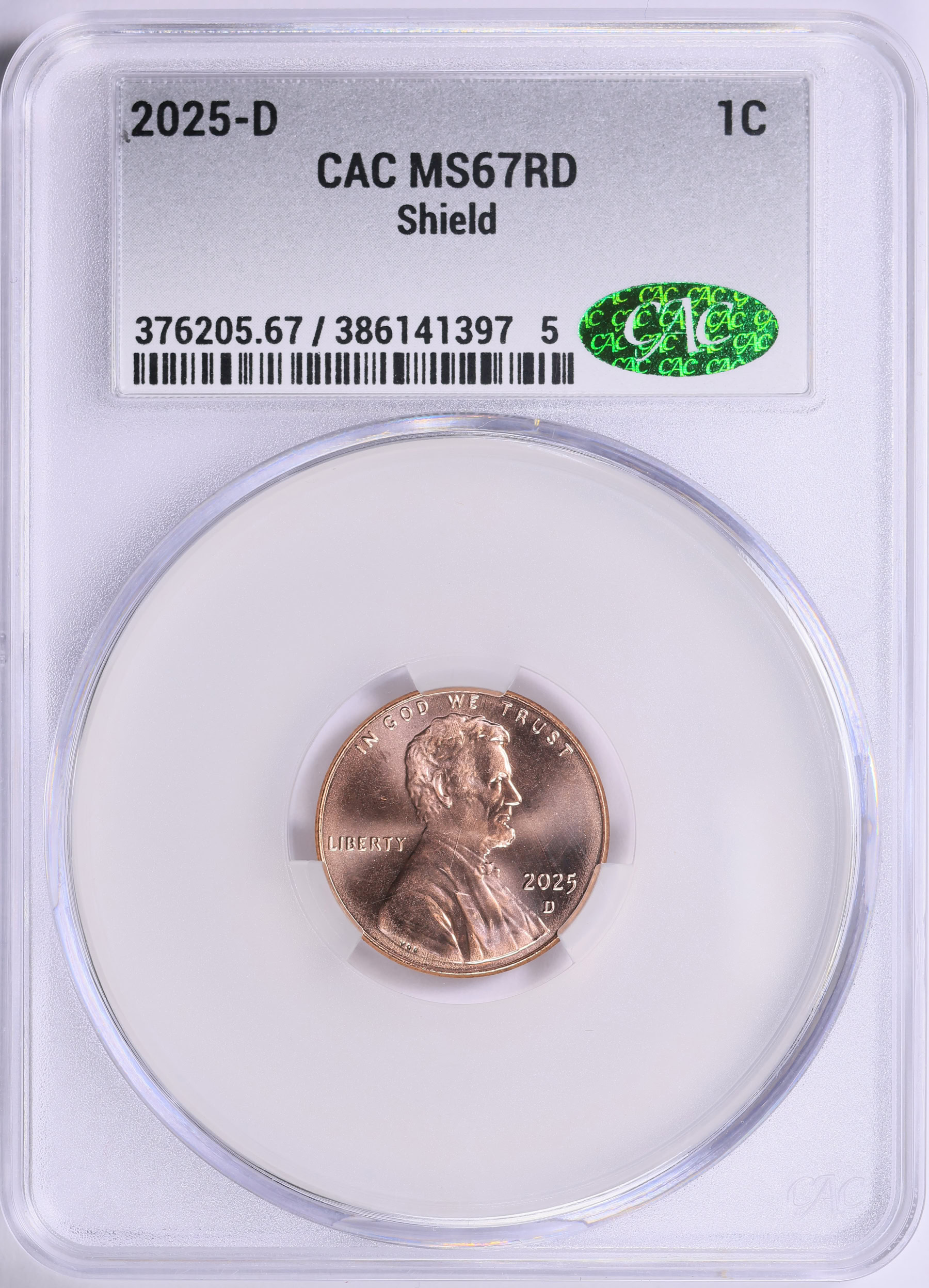 2025-D Lincoln Cent Shield CACG MS-67 RD | CACG Cert #386141397