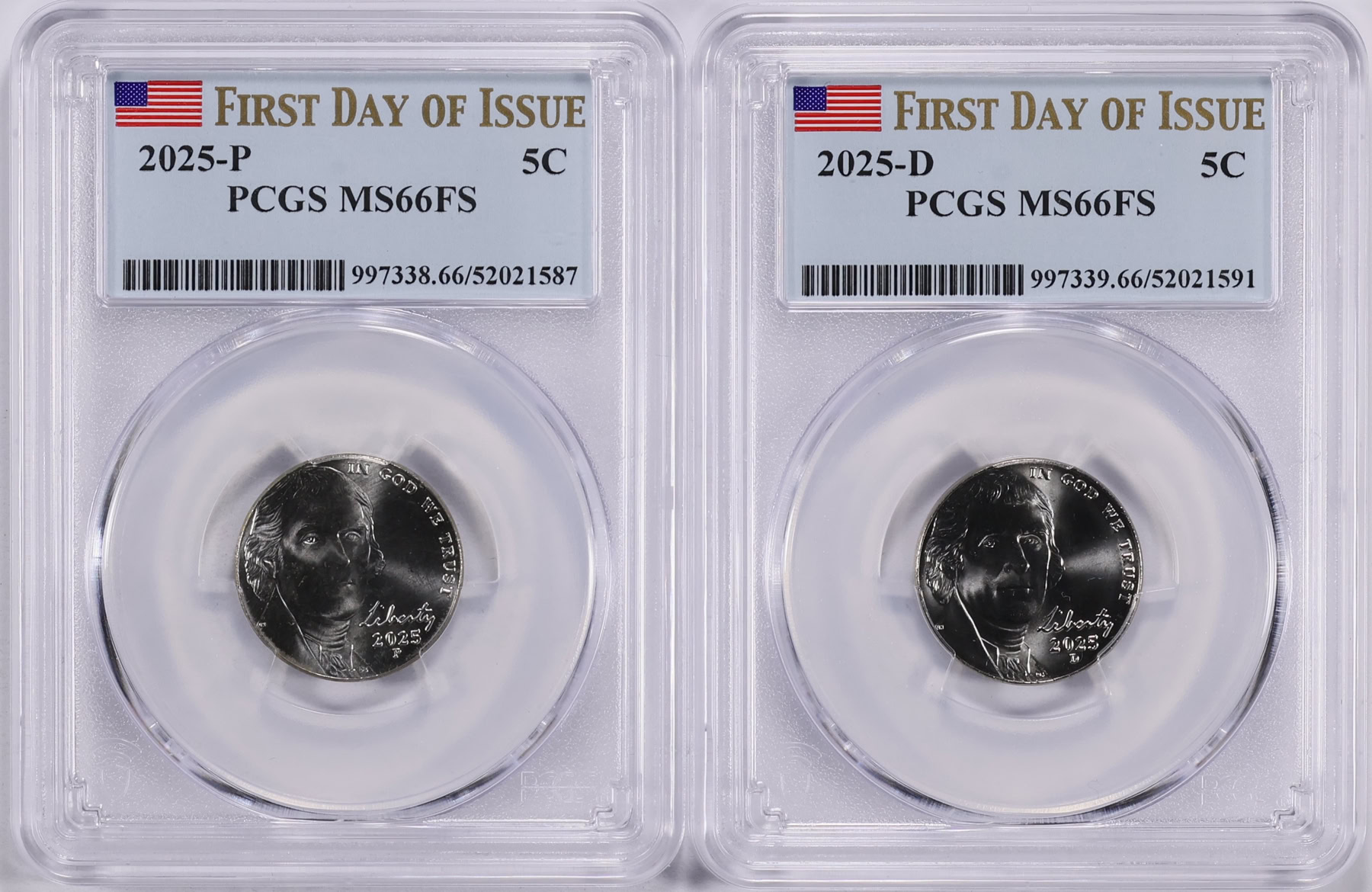 2025-P and 2025-D Jefferson Nickel First Day of Issue PCGS MS-66