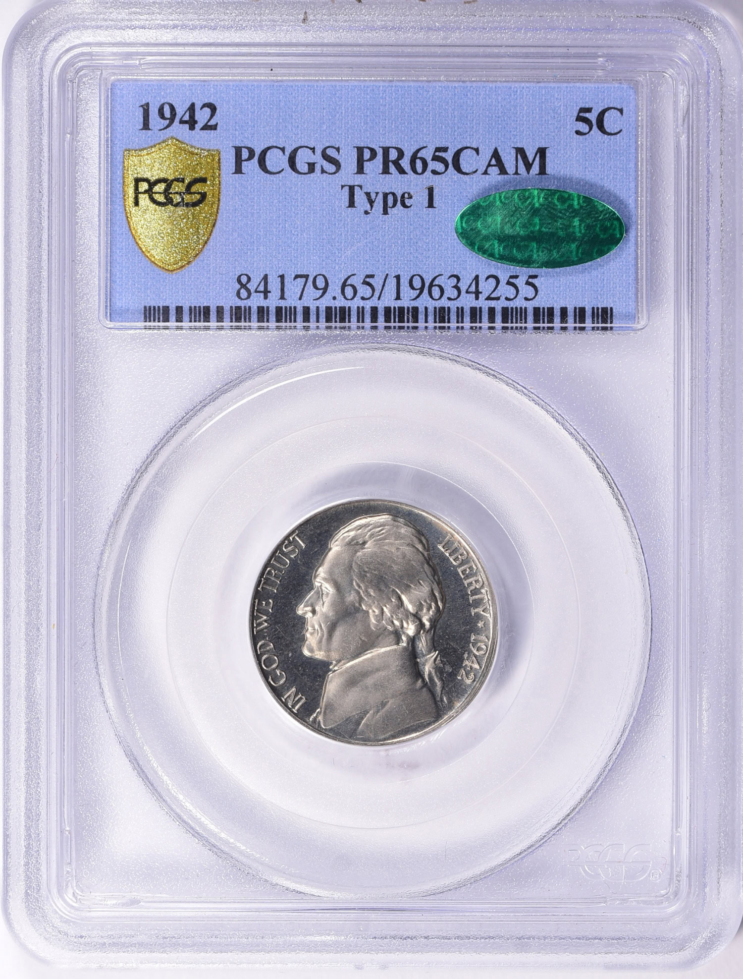 1942 Jefferson Nickel Type 1 PCGS Proof-65 CAMEO (CAC Green) (Item