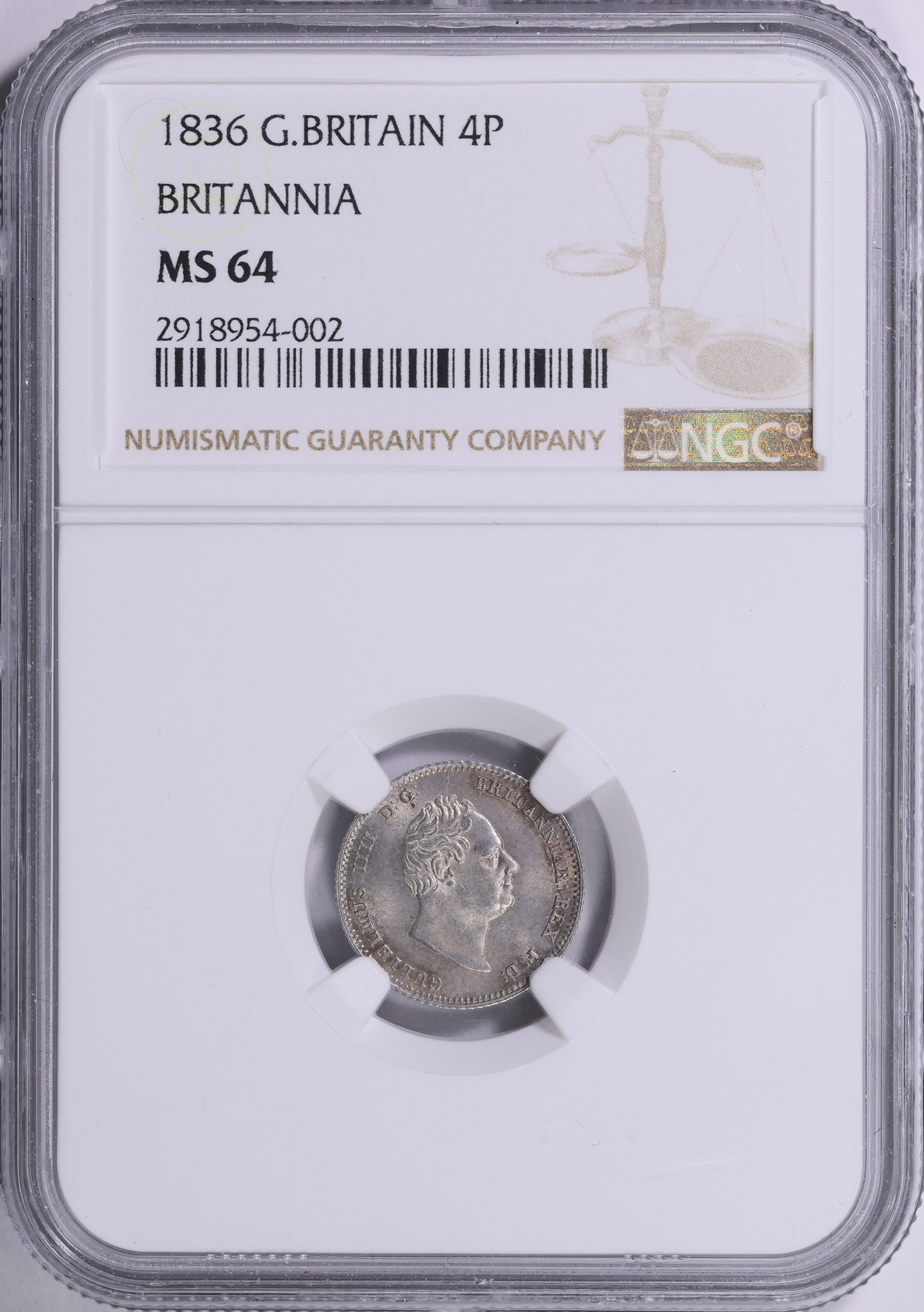 Great Britain 1836 Silver 4 Pence (Groat) KM-711 NGC MS-64 (Item