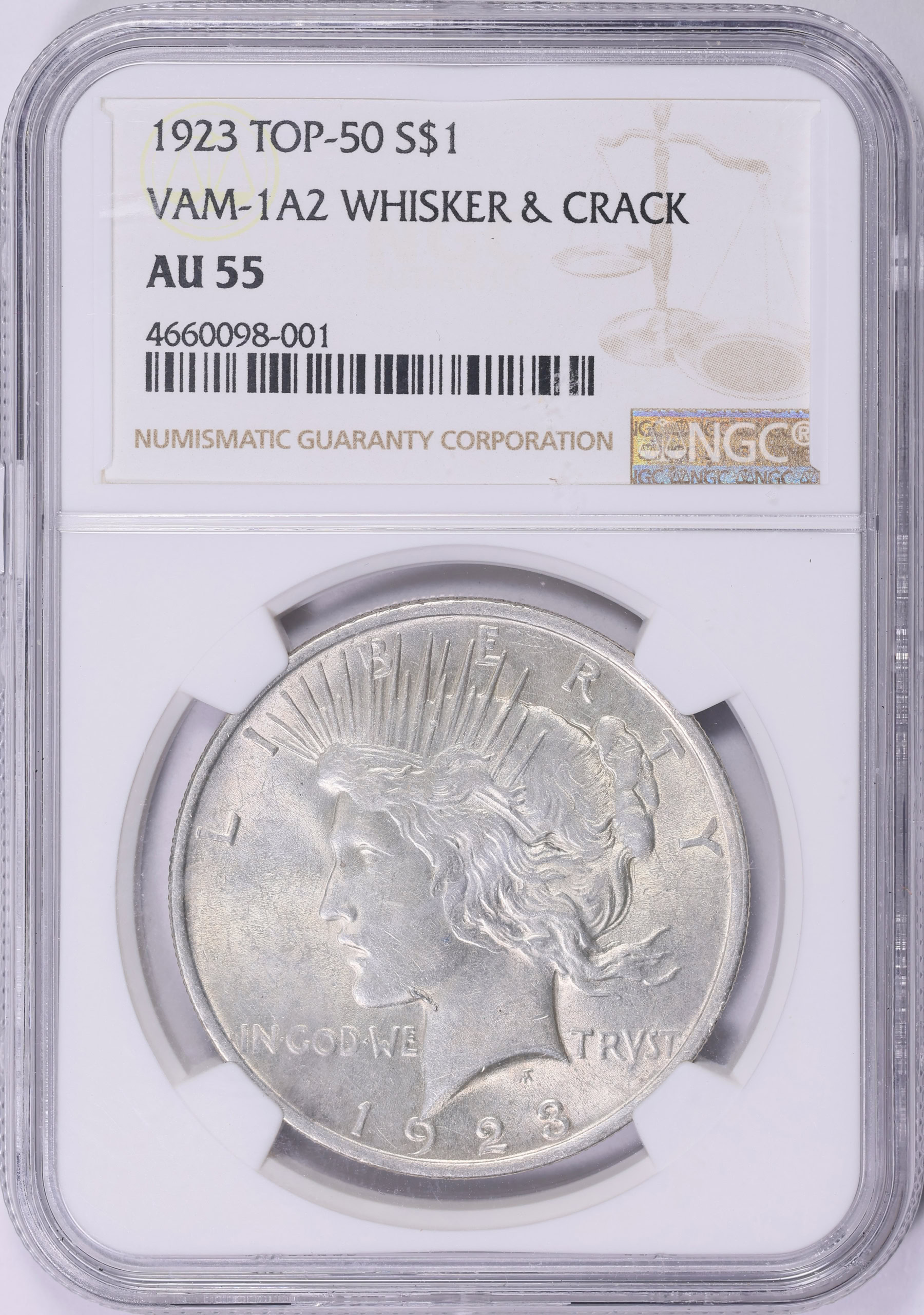 アクセサリー careering tripster peace piece SV/YW 1923 Peace Silver Dollar Whisker & Crack VAM-1A2 TOP 50 NGC AU-55