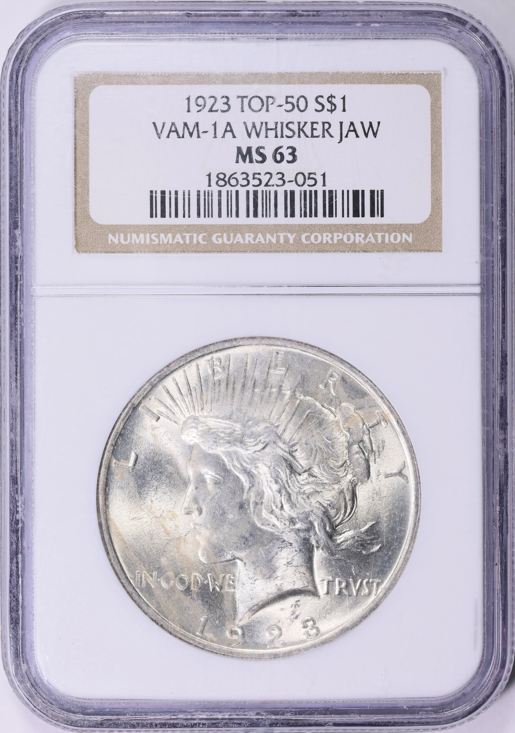 1923 Peace Silver Dollar Whisker Jaw VAM-1A *Top 50* NGC MS-63