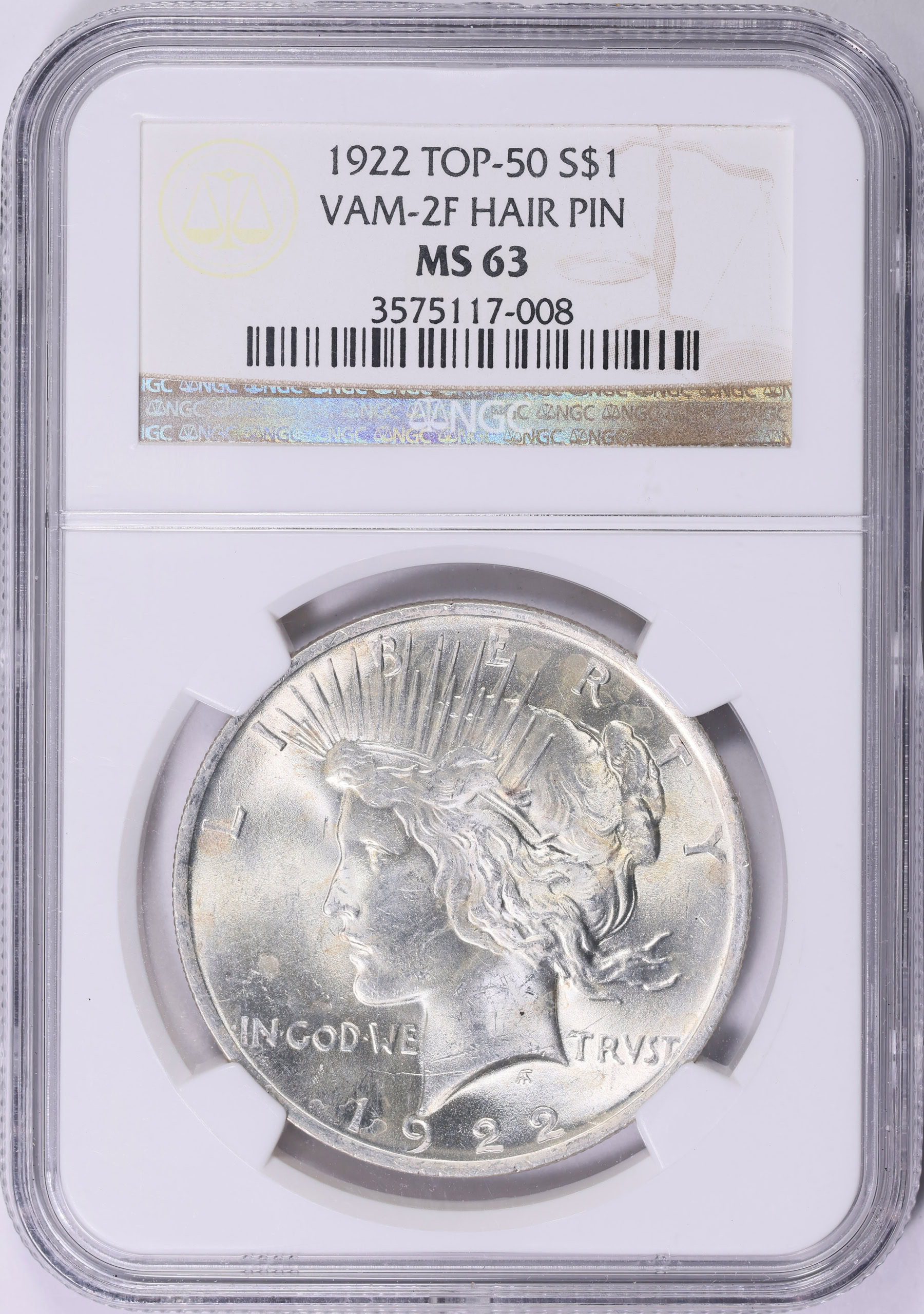 1922 Peace Silver Dollar Hair Pin VAM-2F *Top 50* NGC MS-63 (Item