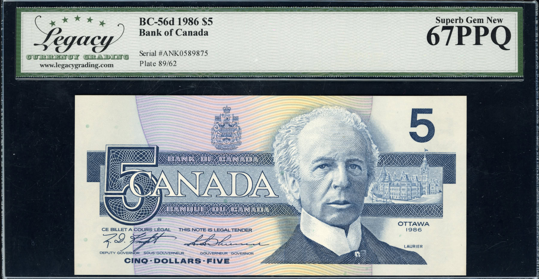 Canada 1986 $5 Bank of Canada Note SCWPM-95d Knight / Thiessen Legacy ...