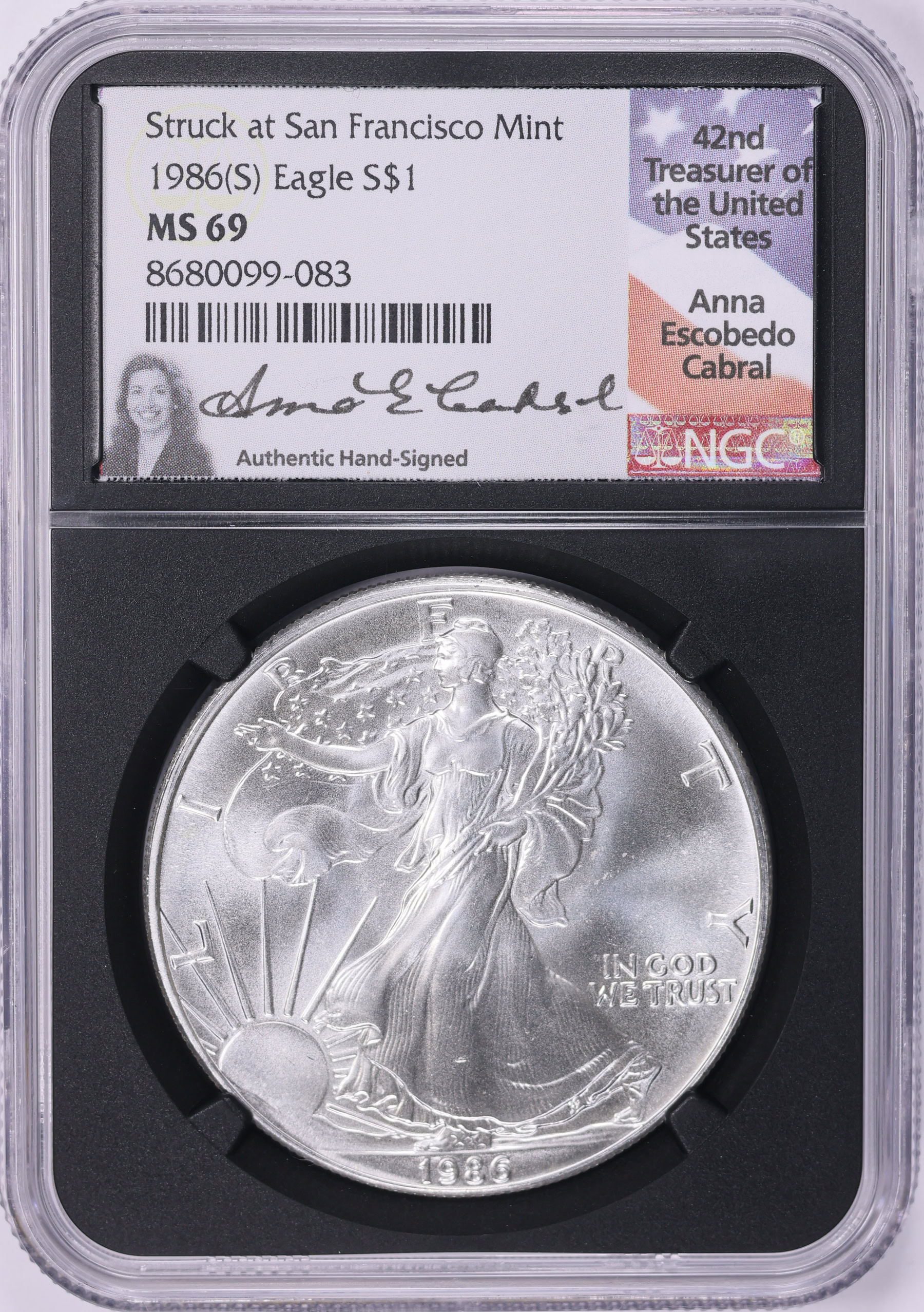 1986-(S) $1 Silver Eagle Struck at San Francisco NGC MS-69 (Anna