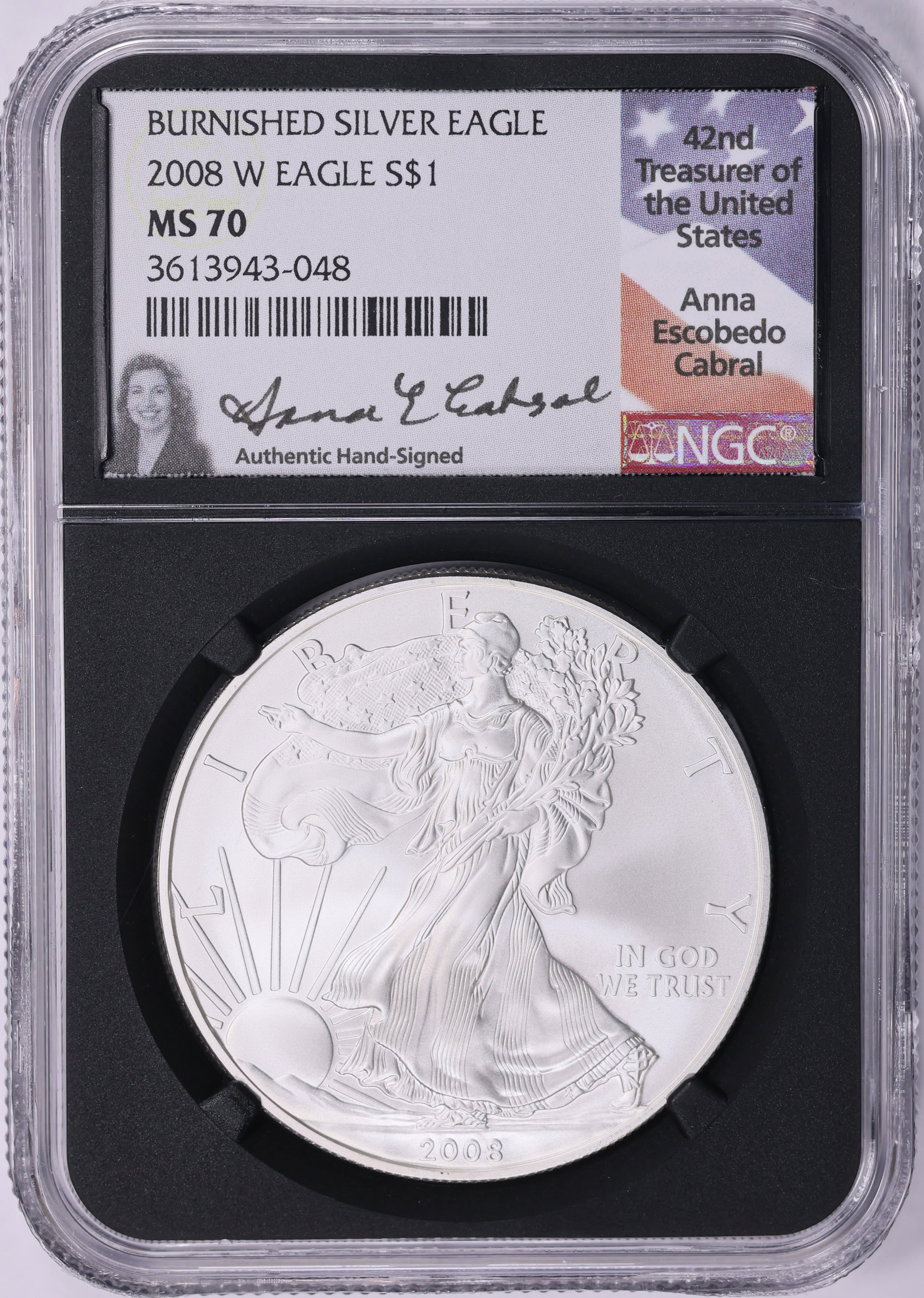2008-W $1 Silver Eagle Burnished NGC MS-70 (Anna Escobedo Cabral