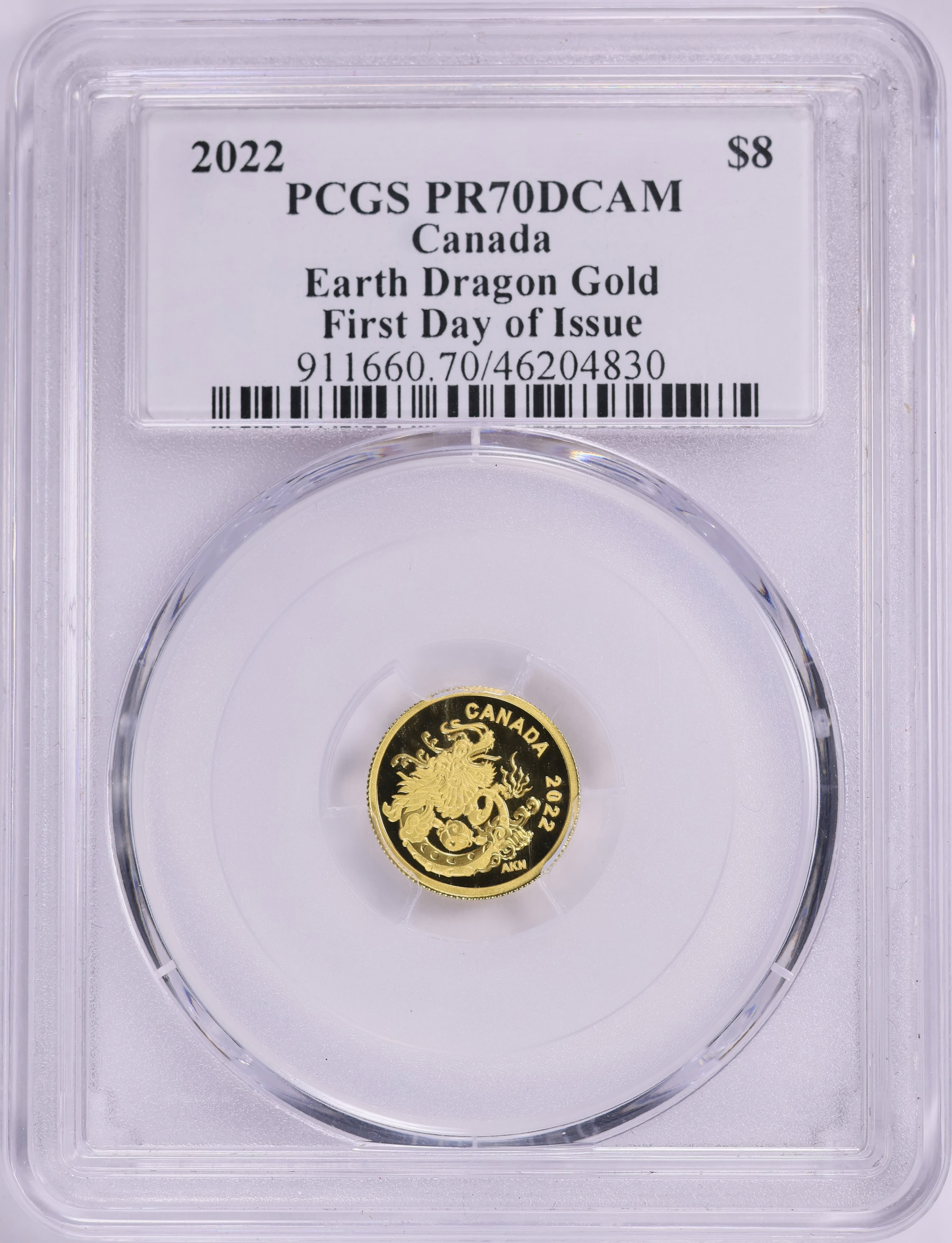 Canada 2022 Gold $8 Earth Dragon KM-3207 First Day of Issue PCGS