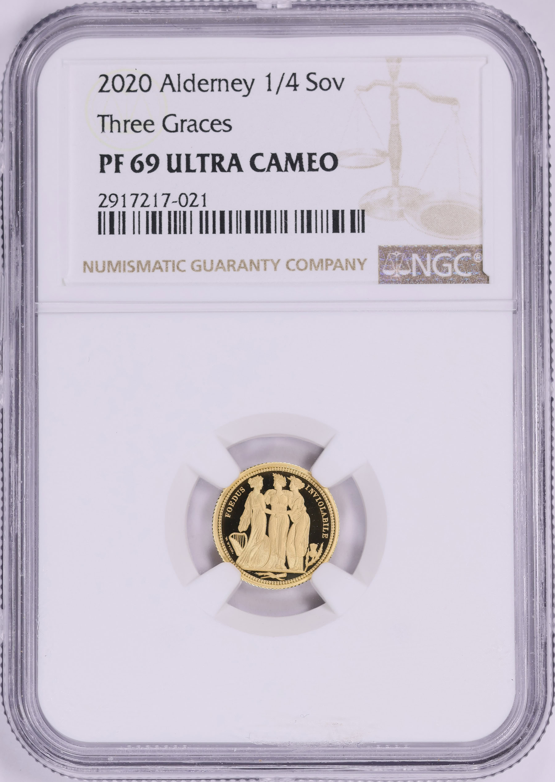 Alderney 2020 Gold 1/4 Sovereign The Three Graces KM-311 NGC Proof 