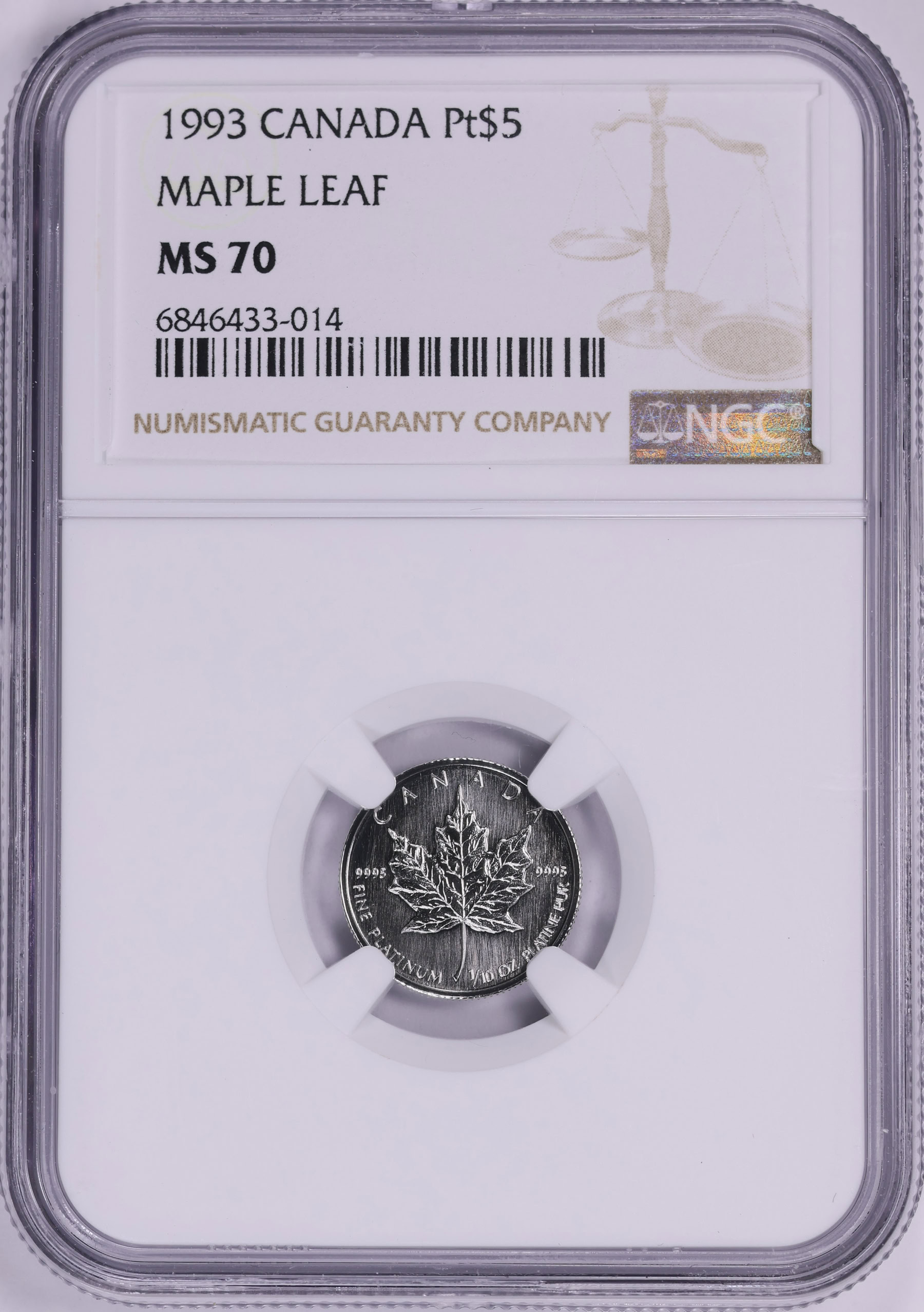 DAWN CURRENT '93 　古いですが美品に近い？ Canada 1993 Platinum $5 Maple Leaf KM-192 NGC MS-70 (APtW = 0.0999