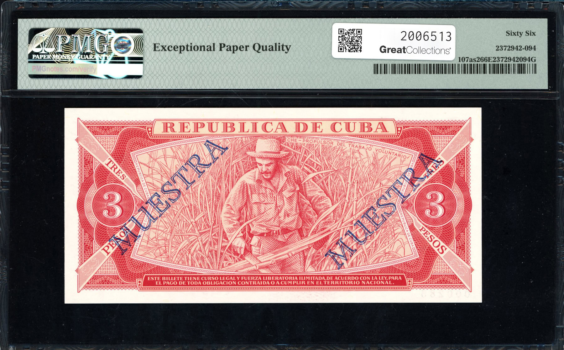 Cuba 1985 3 Pesos Banco Nacional de Cuba Specimen Note SCWPM