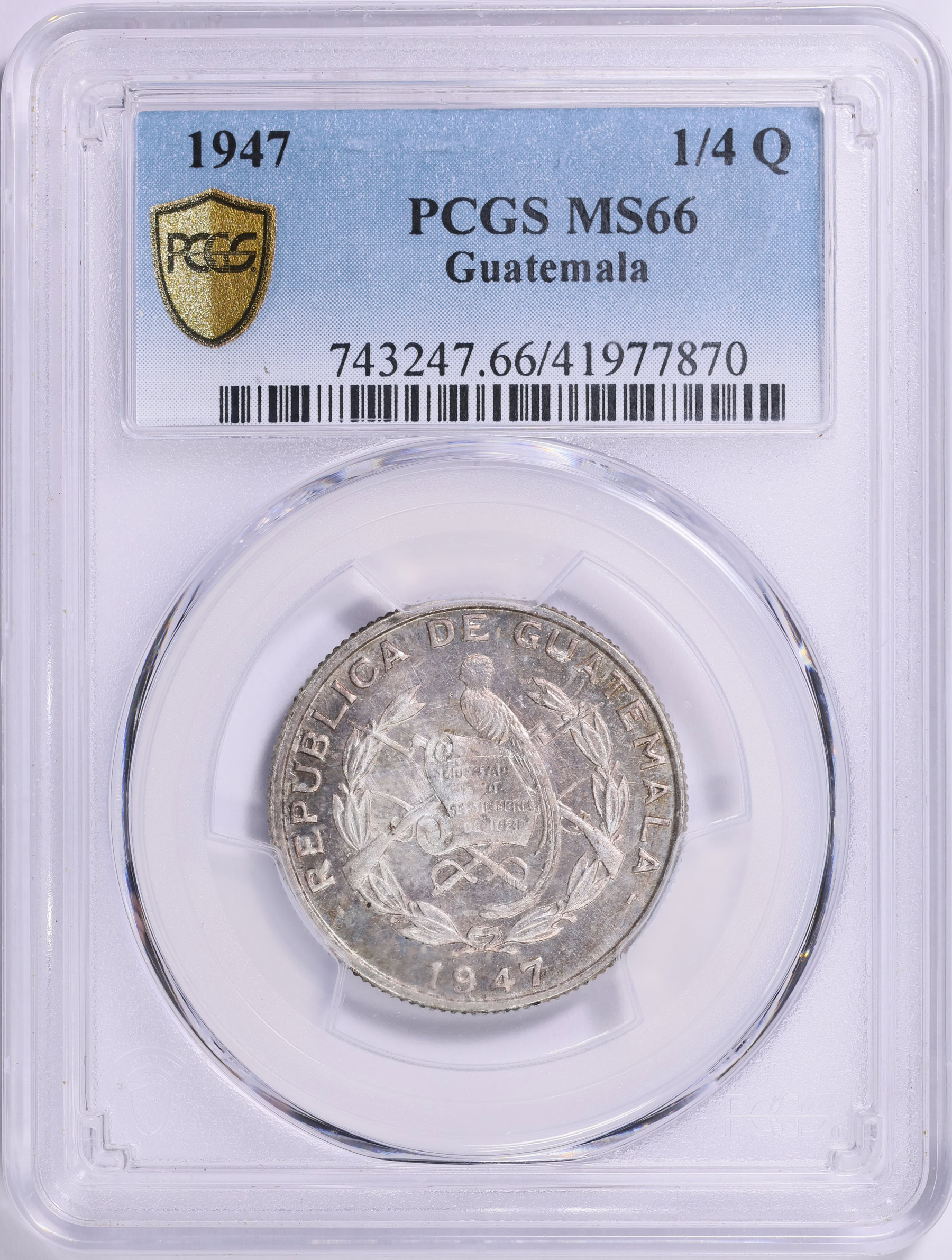 Guatemala 1947 Siver 1/4 Quetzal KM-243.2 PCGS MS-66 (Item 2006654