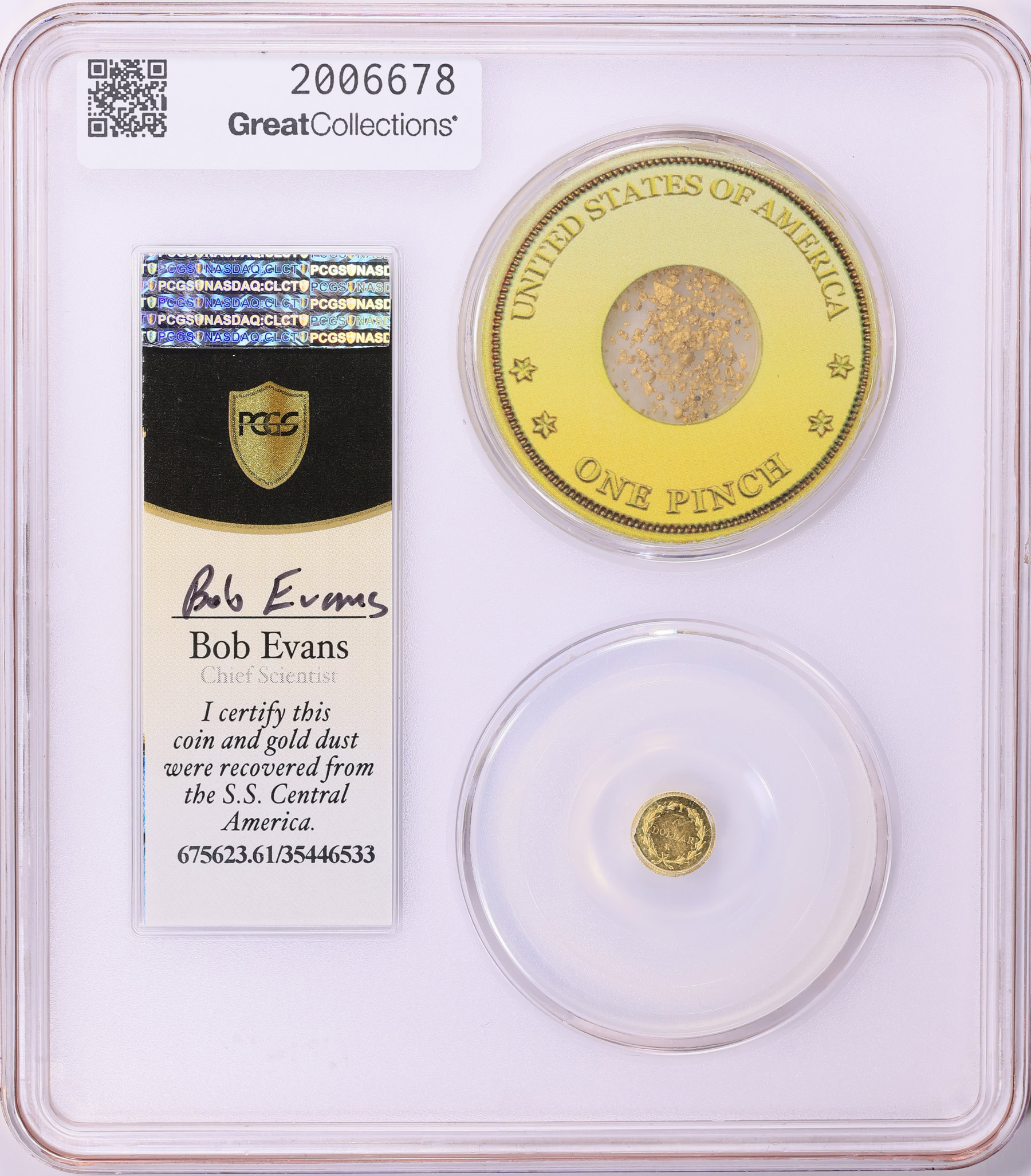 ND) California Fractional Gold 25c BG-222 Shipwreck S.S. Central America  PCGS MS-61 (With One Pinch California Gold Dust) (Bob Evans Signed Label)  (Item 2006678) | GreatCollections Coin Auctions