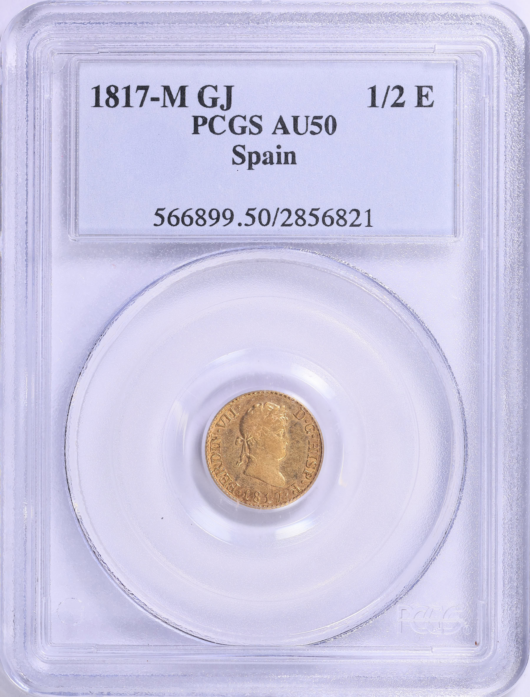 Spain 1817-M GJ Gold 1/2 Escudo KM-492 PCGS AU-50 (AGW = 0.0475 oz