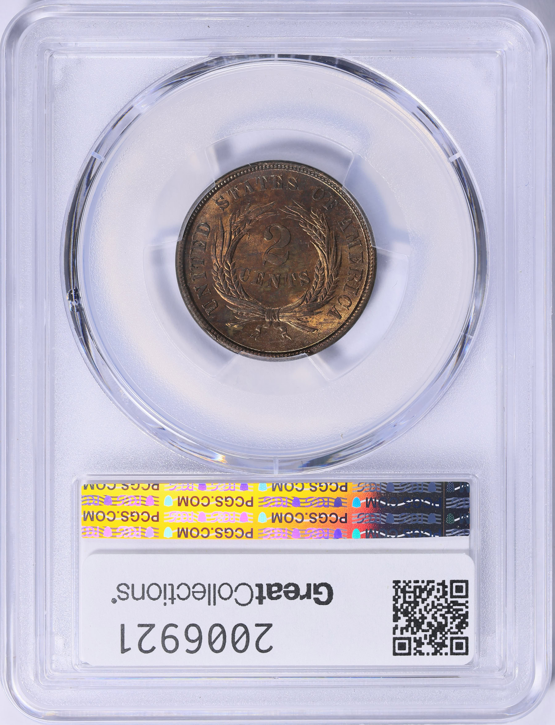 1864 Two-Cent Piece Large Motto PCGS MS-64+ RB (CAC Green) (Toned
