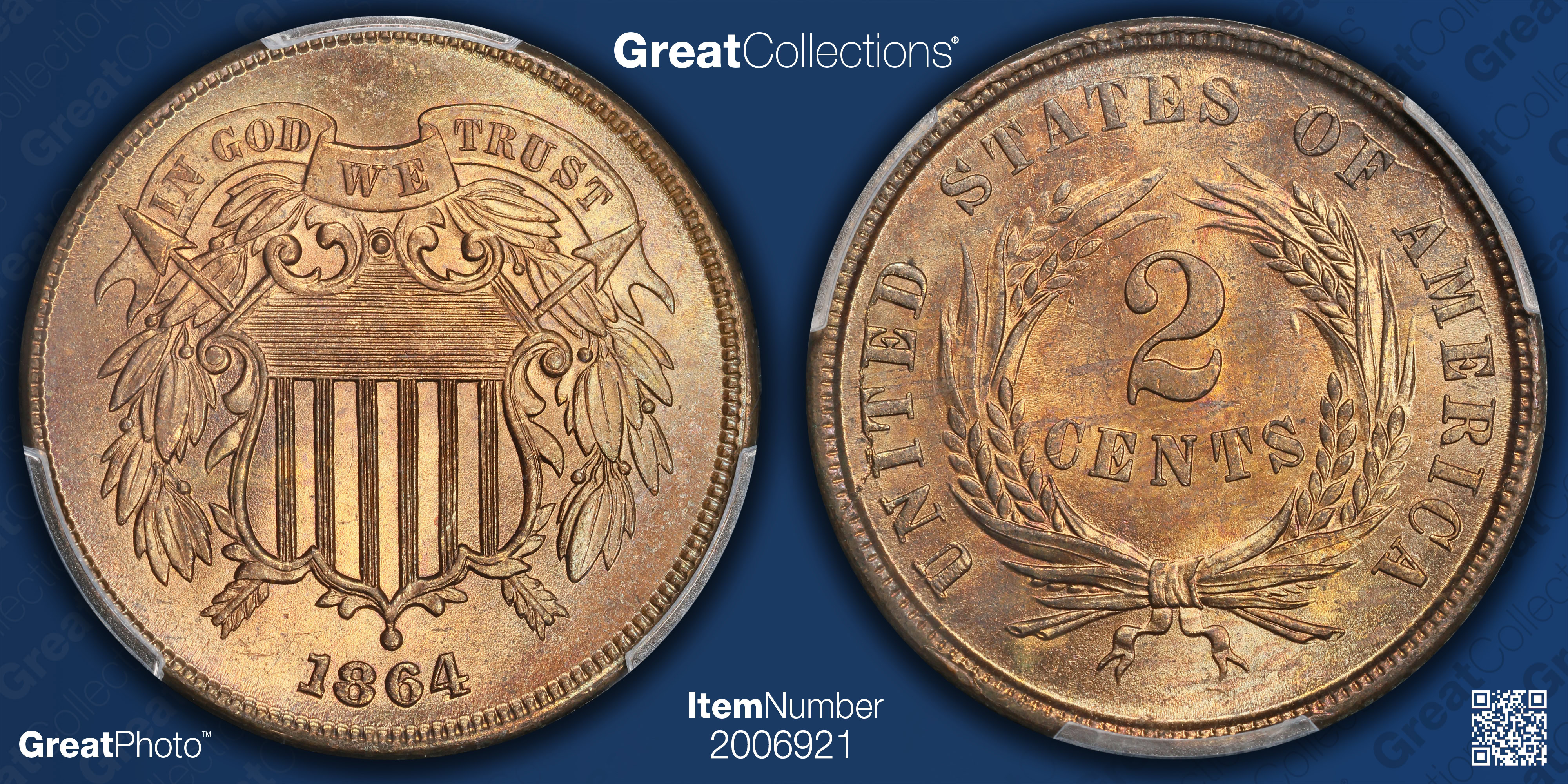 1864 Two-Cent Piece Large Motto PCGS MS-64+ RB (CAC Green) (Toned