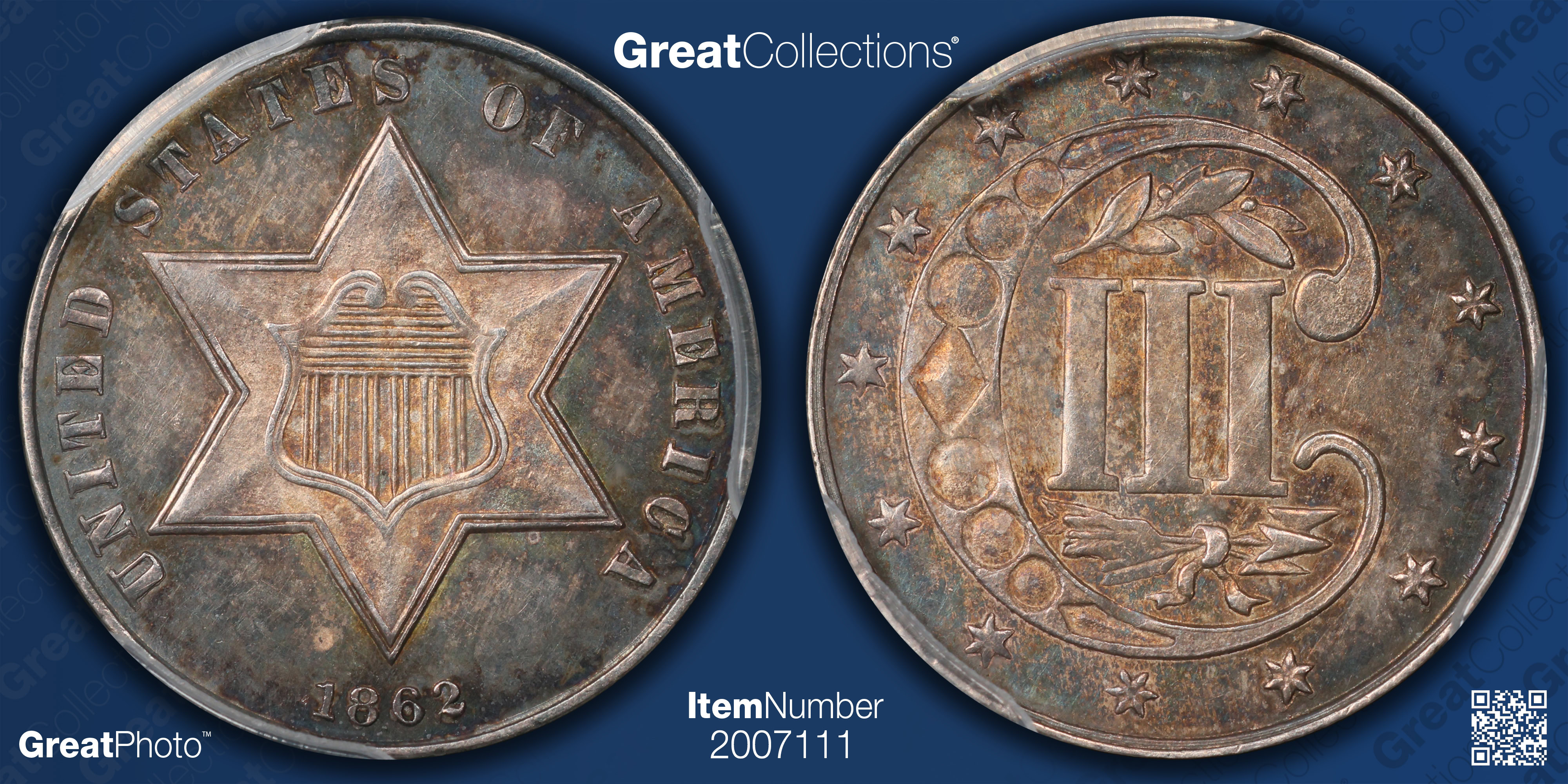 1862 Silver Three-Cent Piece PCGS MS-62 (Toned) (Item 2007111 ...