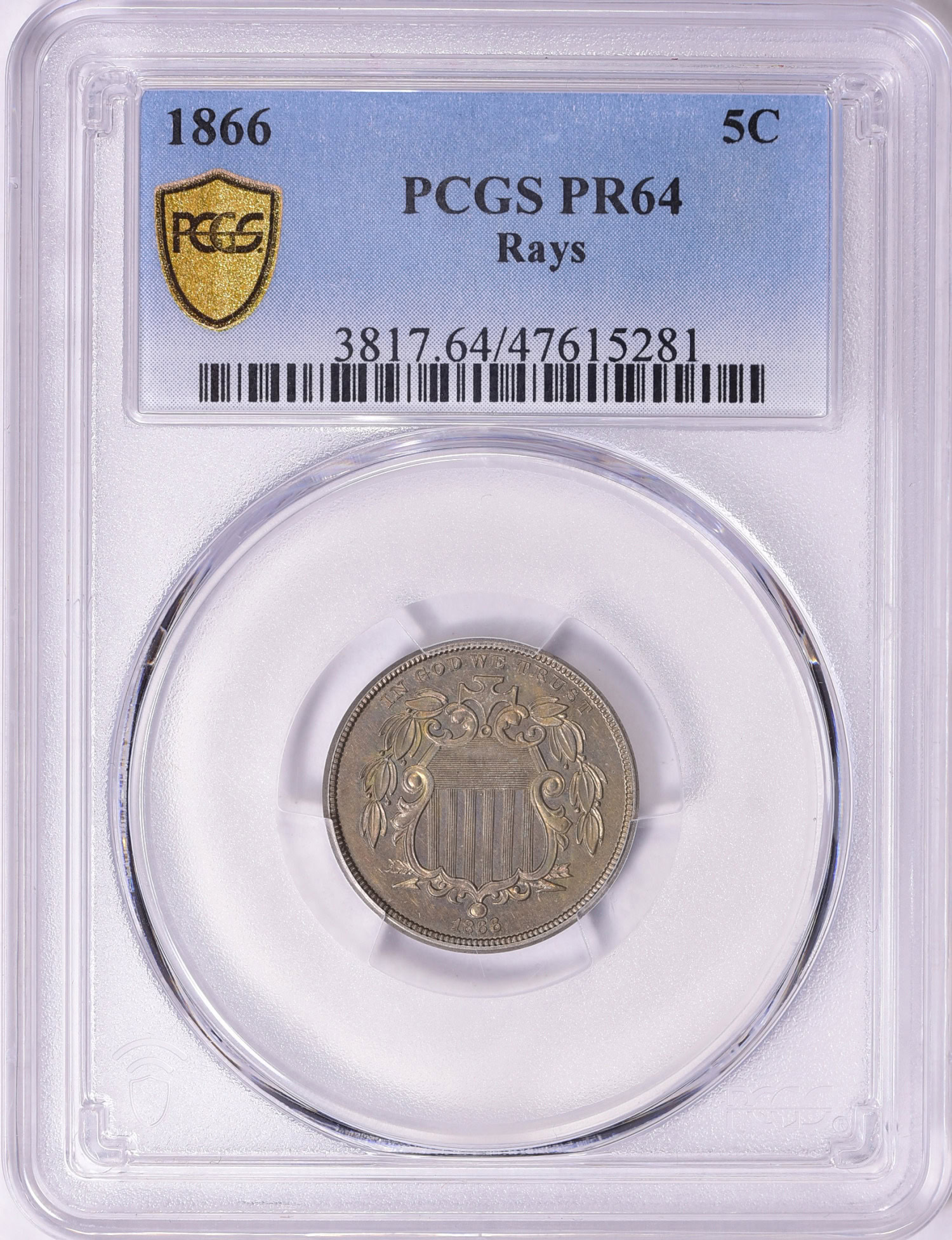 1866 Shield Nickel Rays PCGS Proof-64 (Toned) (Item 2007113