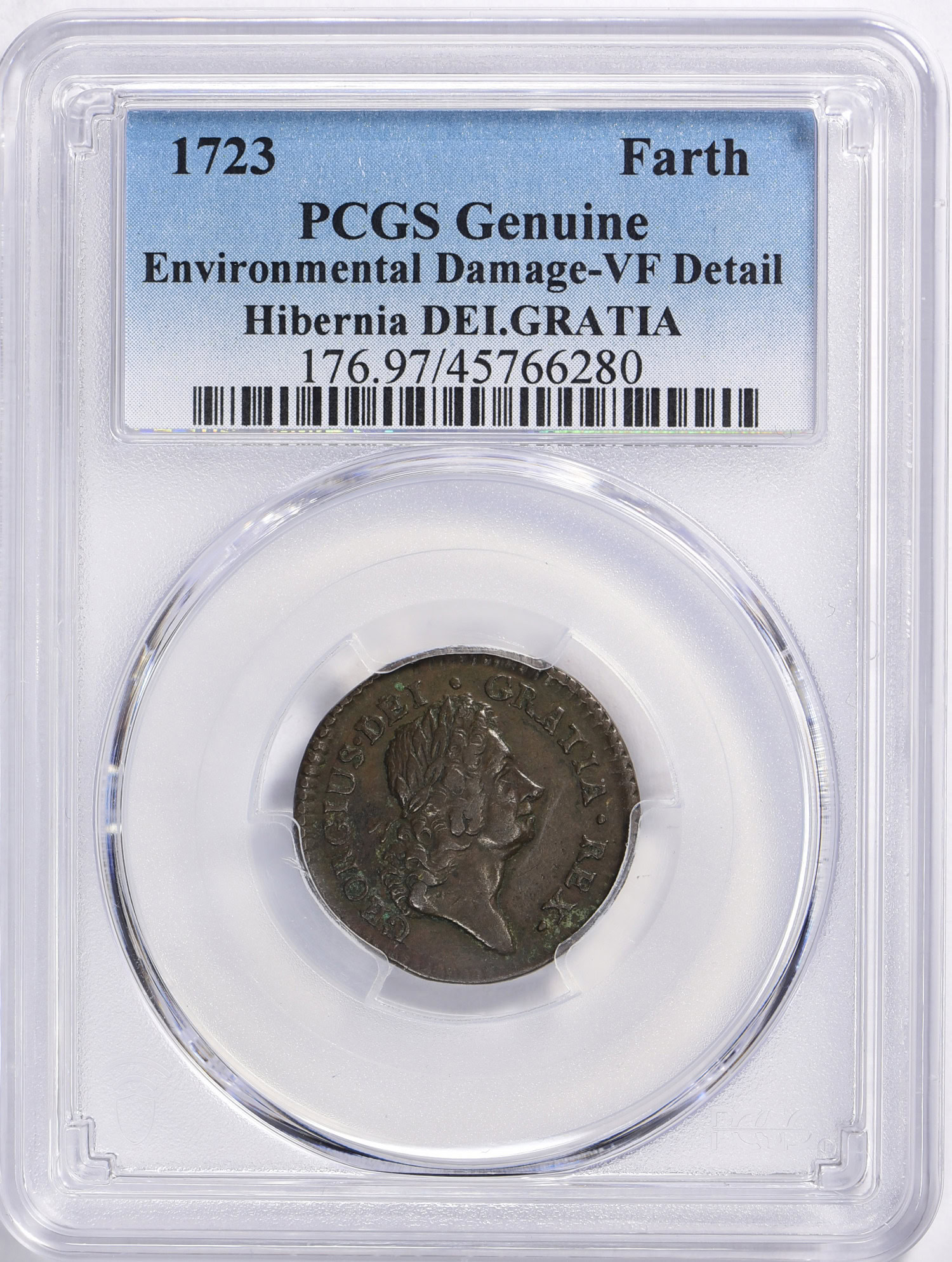 1723 Woods Hibernia Farthing DEI.GRATIA PCGS Genuine VF Details