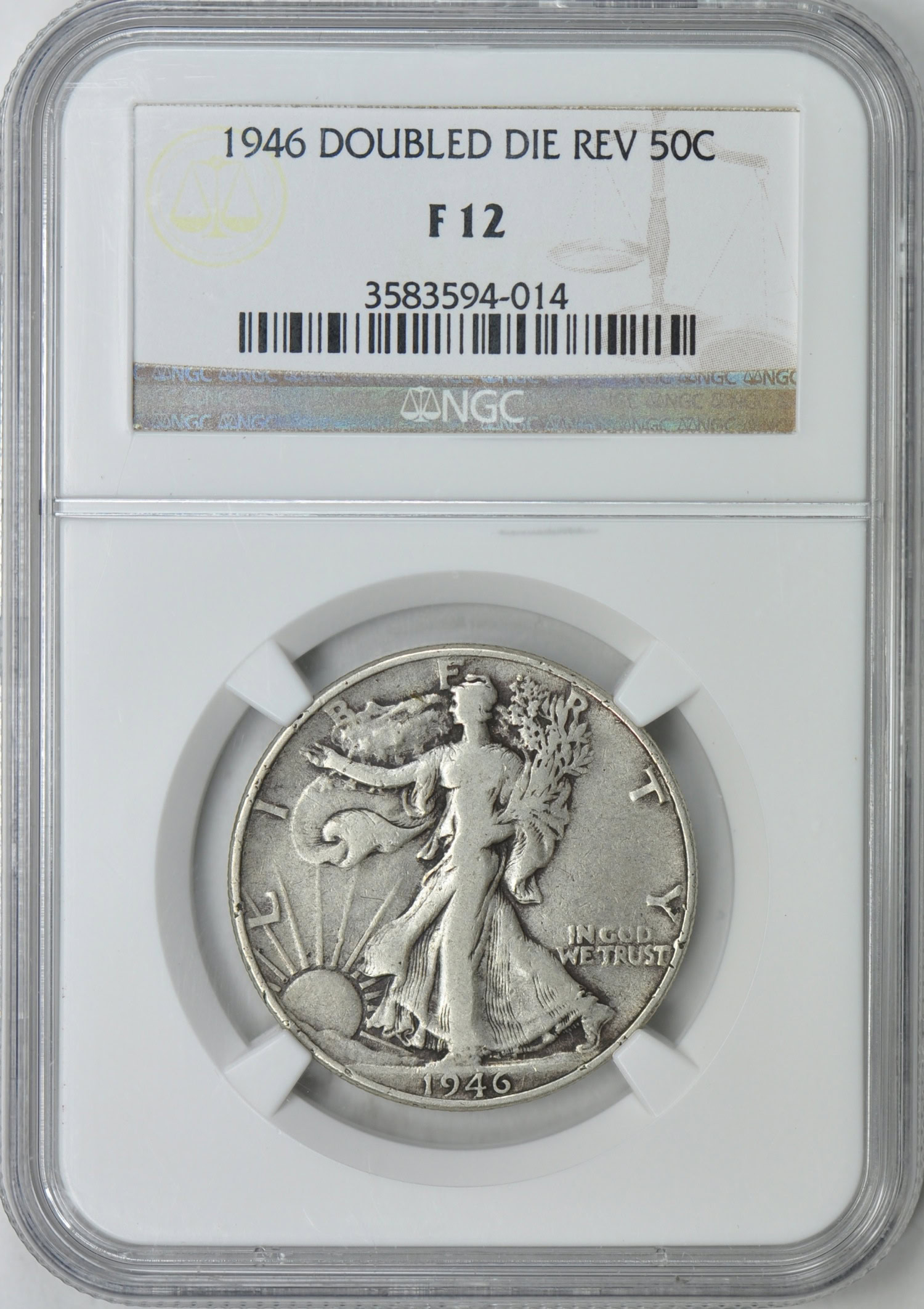 1946 Walking Liberty Half Dollar Doubled Die Reverse NGC F-12