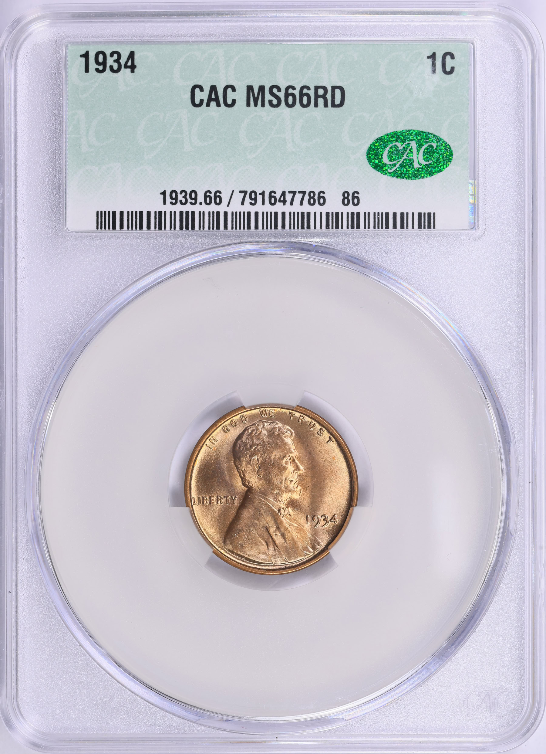 1934 Lincoln Cent CACG MS-66 RD (Item 2008930) | GreatCollections Coin ...