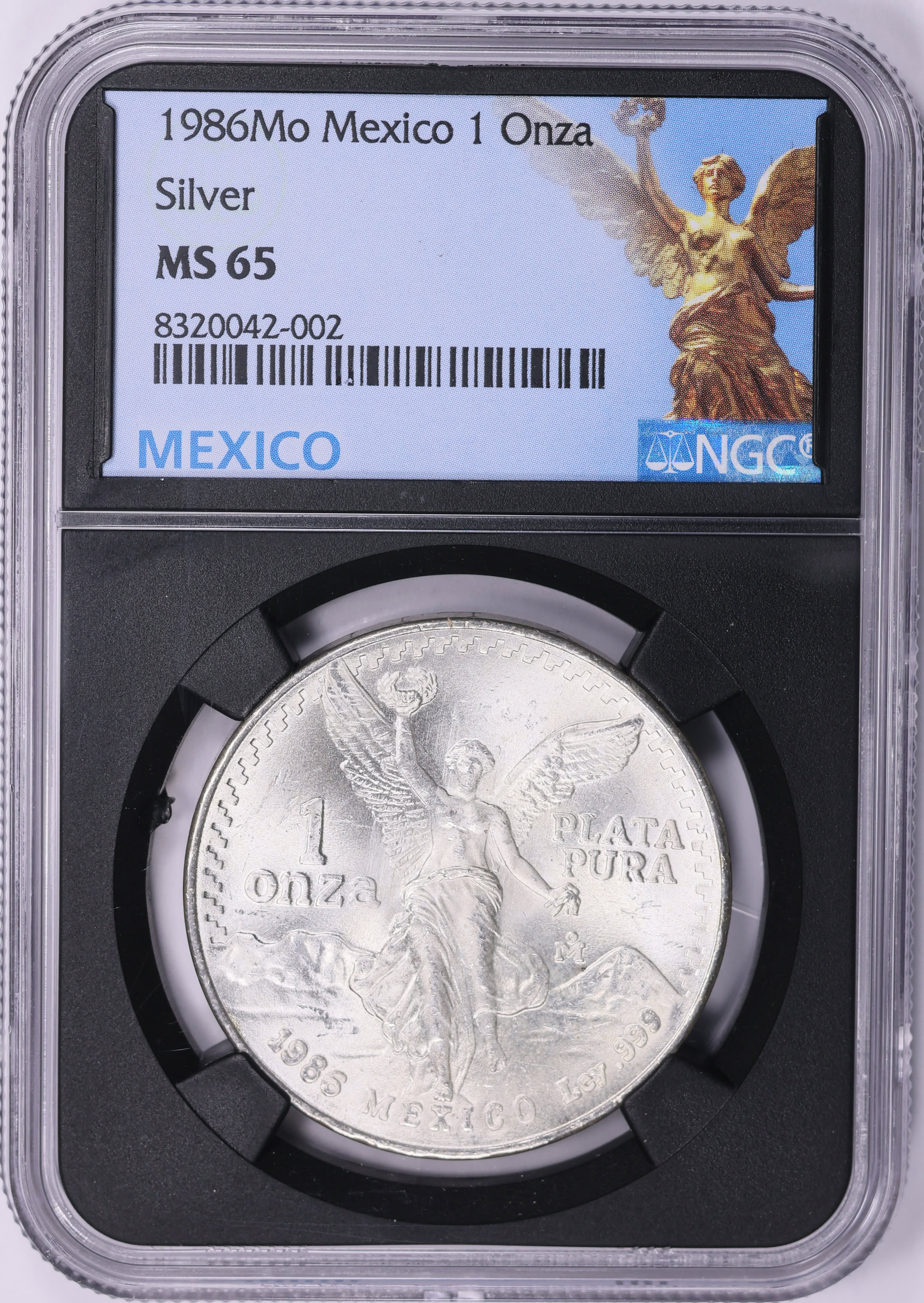 Mexico 1986-Mo Silver Onza Libertad KM-494.1 NGC MS-65 (Black