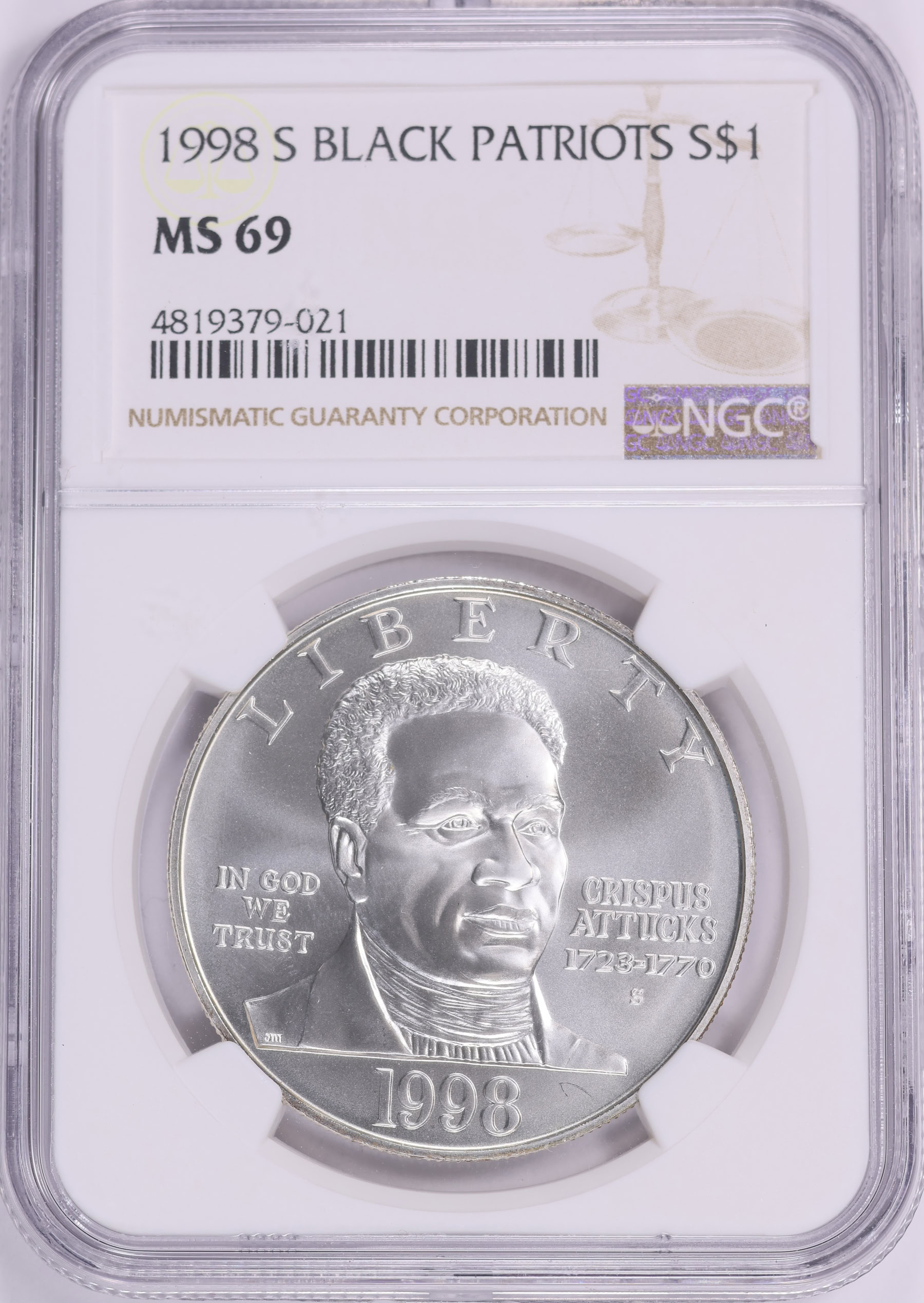 1998-S Black Revolutionary War Patriots Silver Dollar Crispus