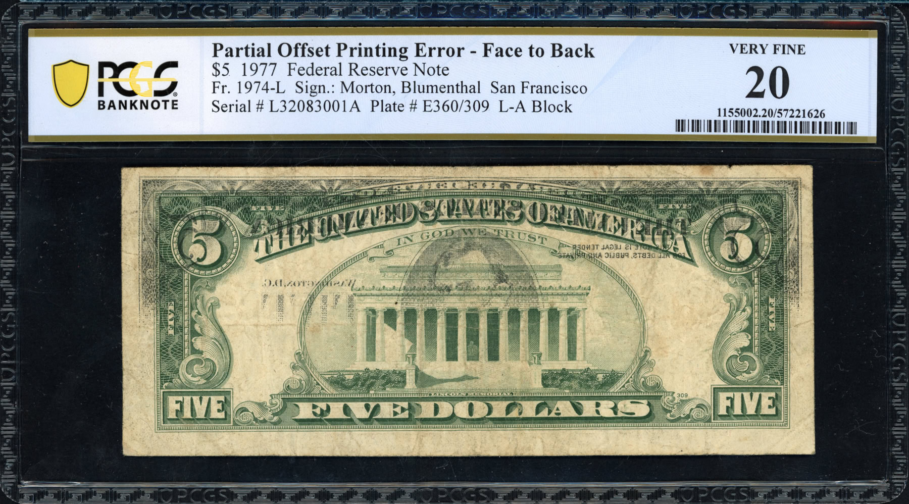 Off Set Error Banknote Fr. 1974-L (LA Block) 1977 $5 San Francisco Federal Reserve Error Note ...
