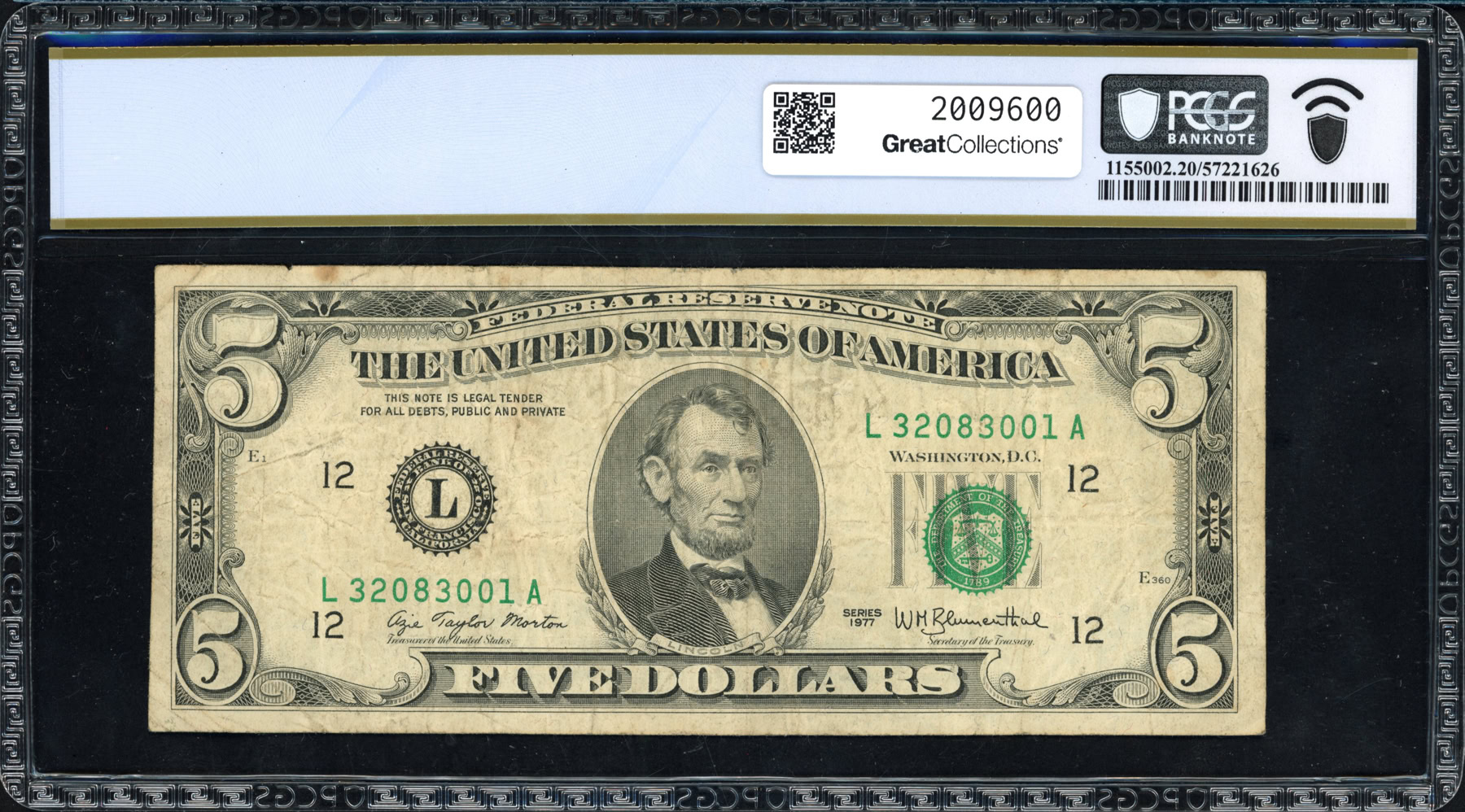 Off Set Error Banknote Fr. 1974-L (LA Block) 1977 $5 San Francisco Federal Reserve Error Note ...