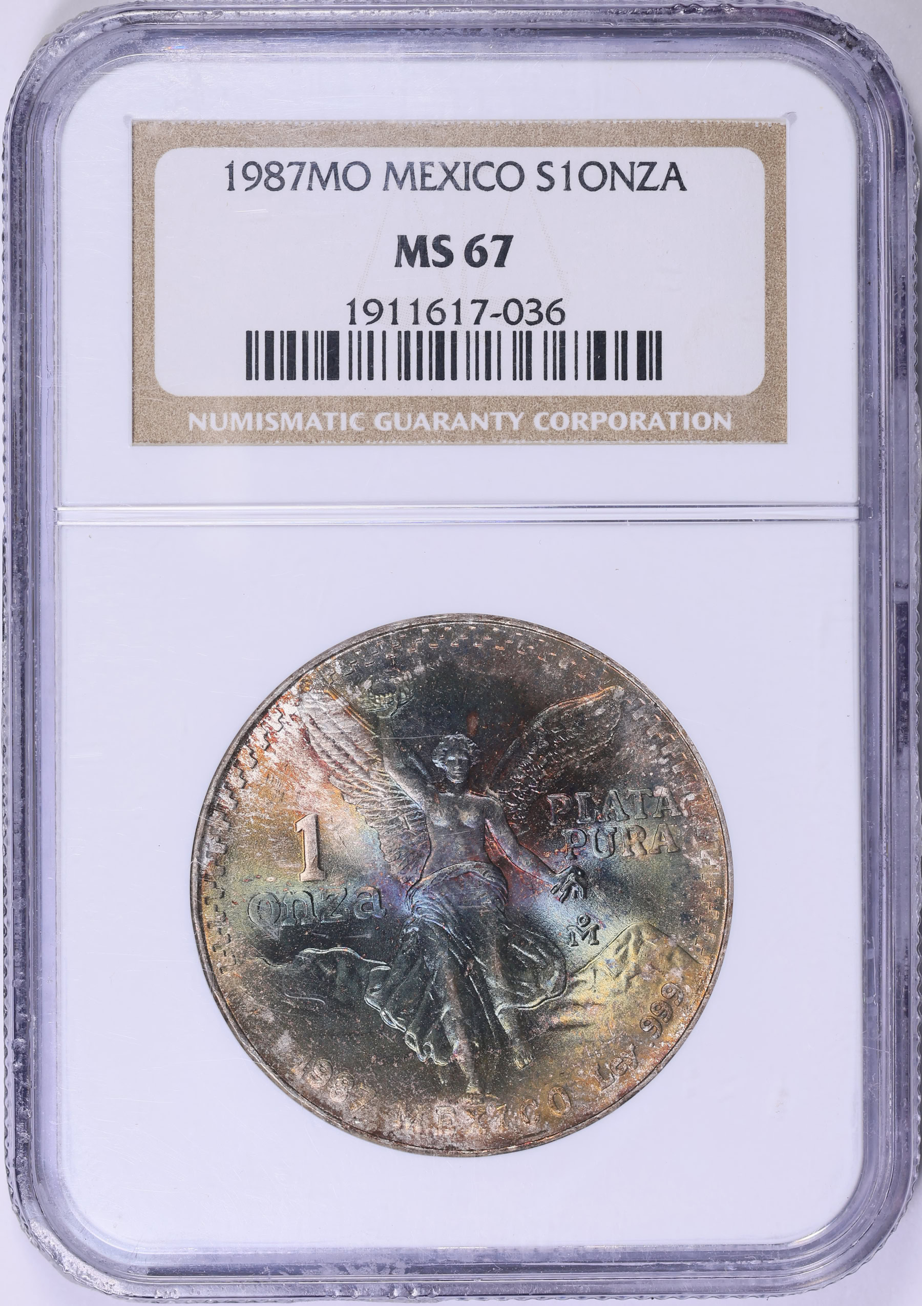 Mexico 1987-Mo Silver Onza Libertad KM-494.1 NGC MS-67 (Toned