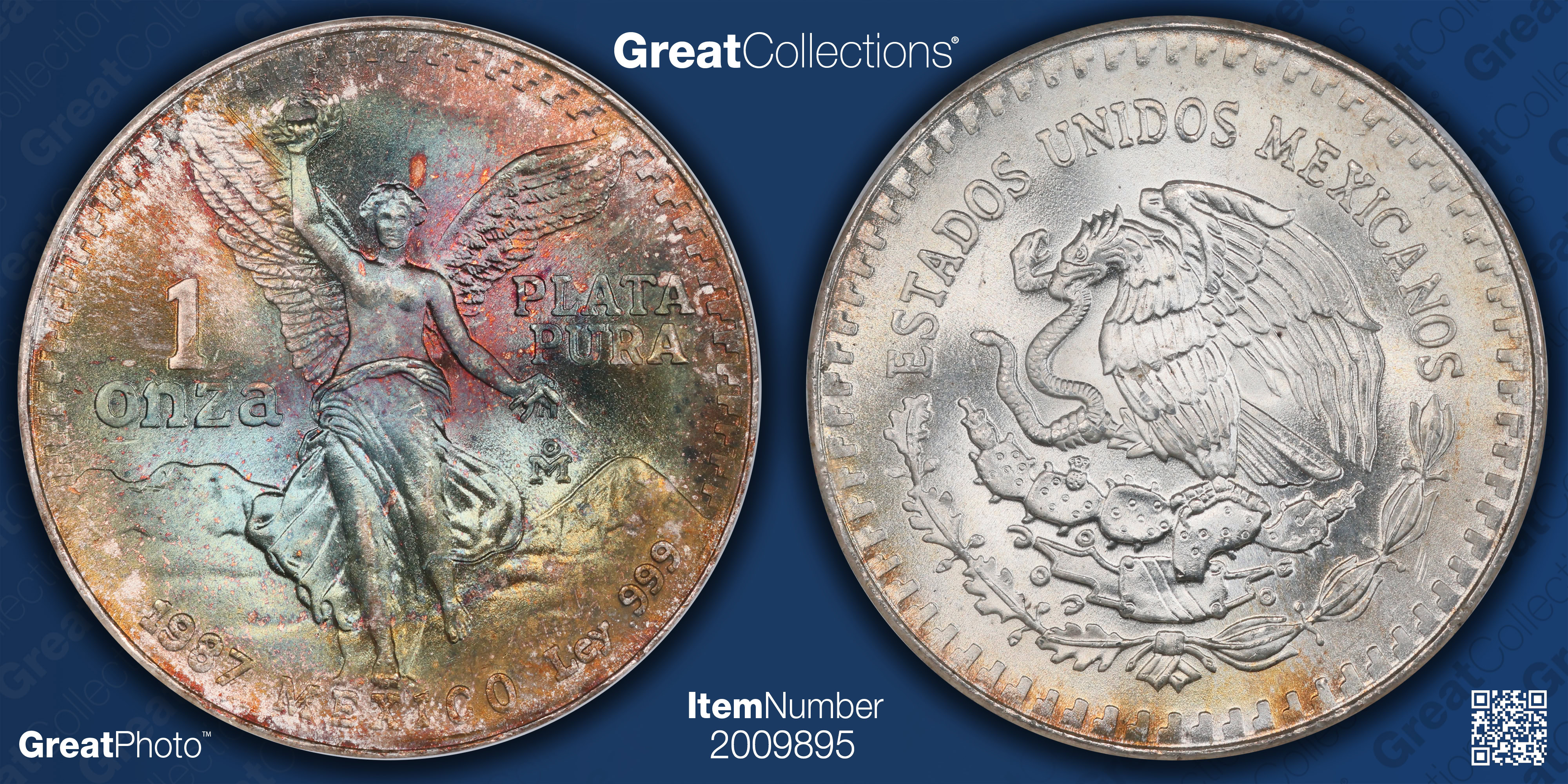 Mexico 1987-Mo Silver Onza Libertad KM-494.1 NGC MS-67 (Toned