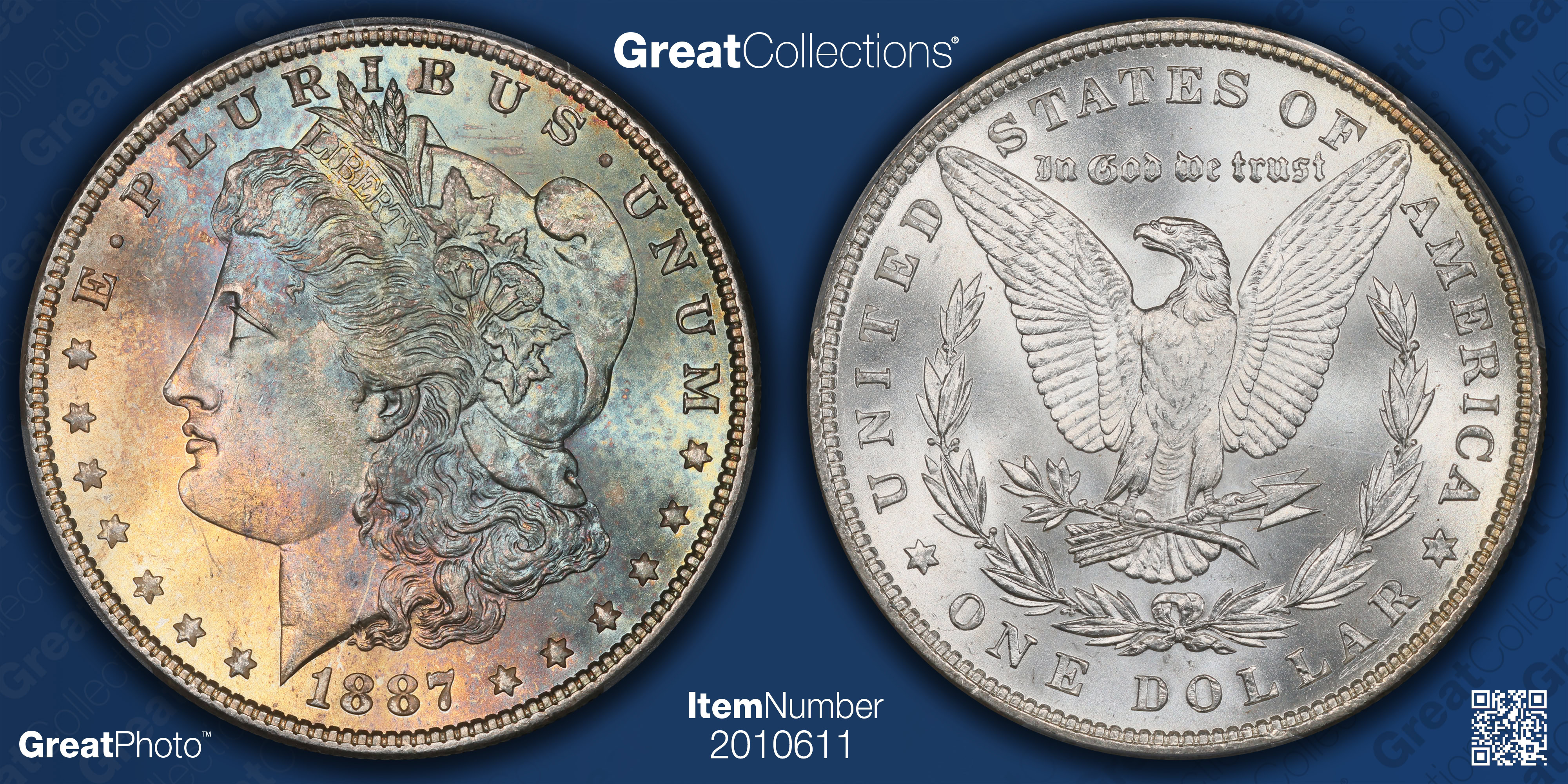 1887 P モーガン シルバー ダラー PCGS MS 64+、オリジナル銀行バッグトーン ~ 希少グレード!