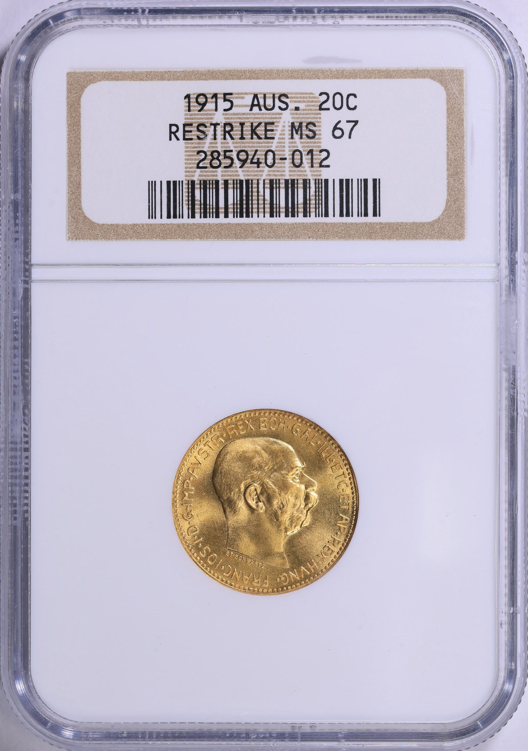 Austria 1915 Gold 20 Corona Restrike KM-2818 NGC MS-67 (AGW