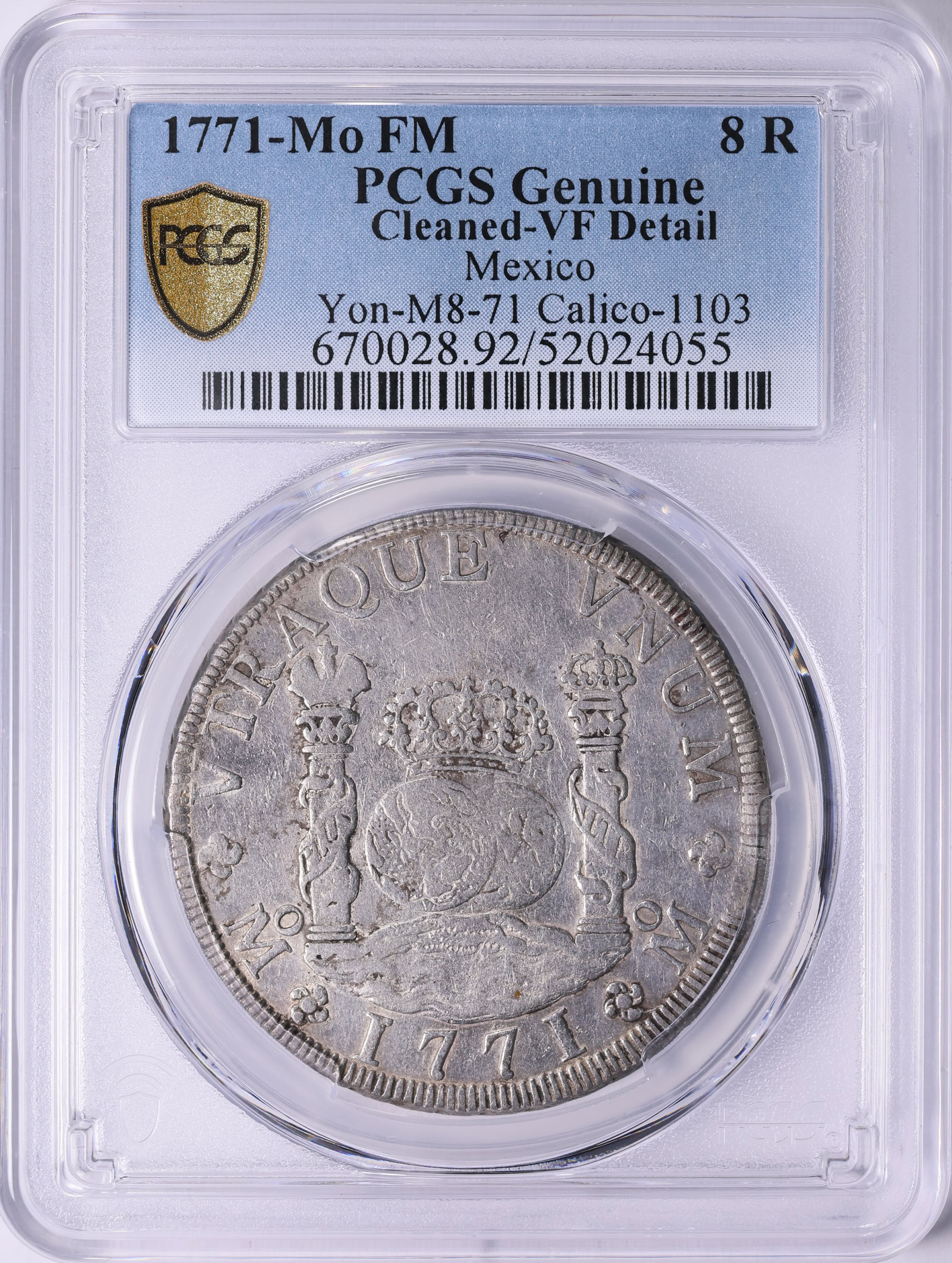 (Silver.925)キプロス異型銀貨 Mexico 1771-Mo FM Silver 8 Reales KM-105 PCGS Genuine VF Details