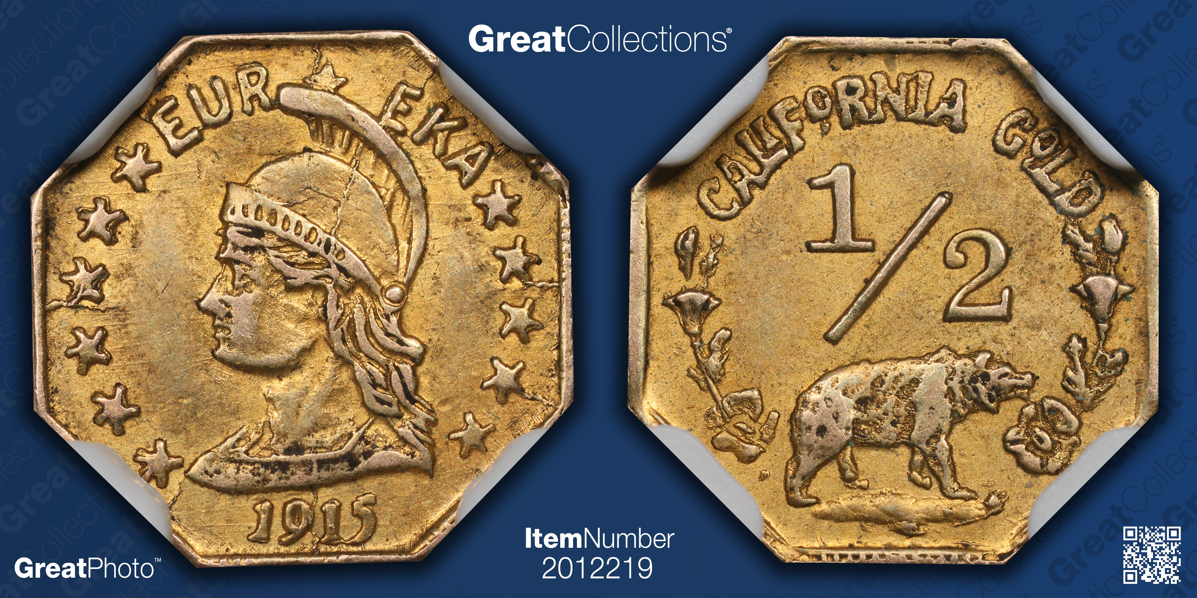 1915-Dated Gold 1/2 California Fractional Gold Hart's Coins of the