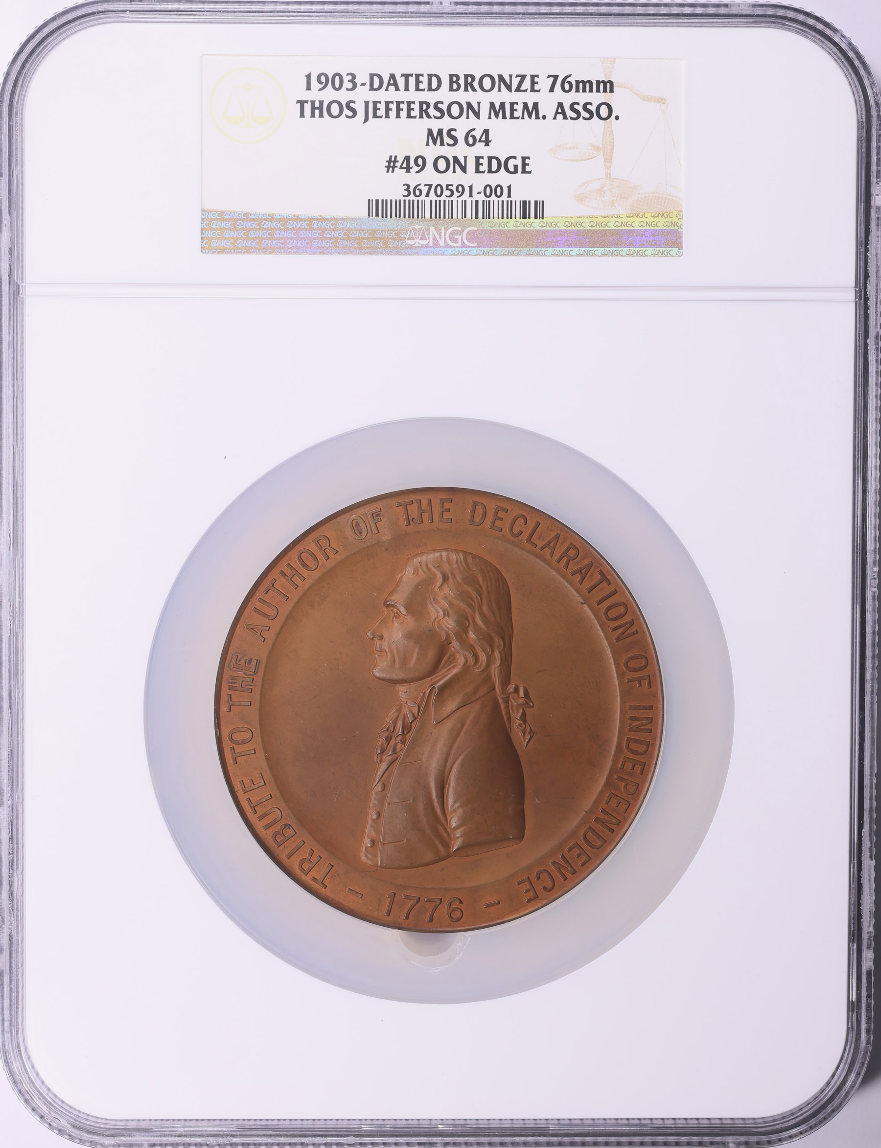 1903-Dated Bronze 76mm Thomas Jefferson Memorial Association Medal