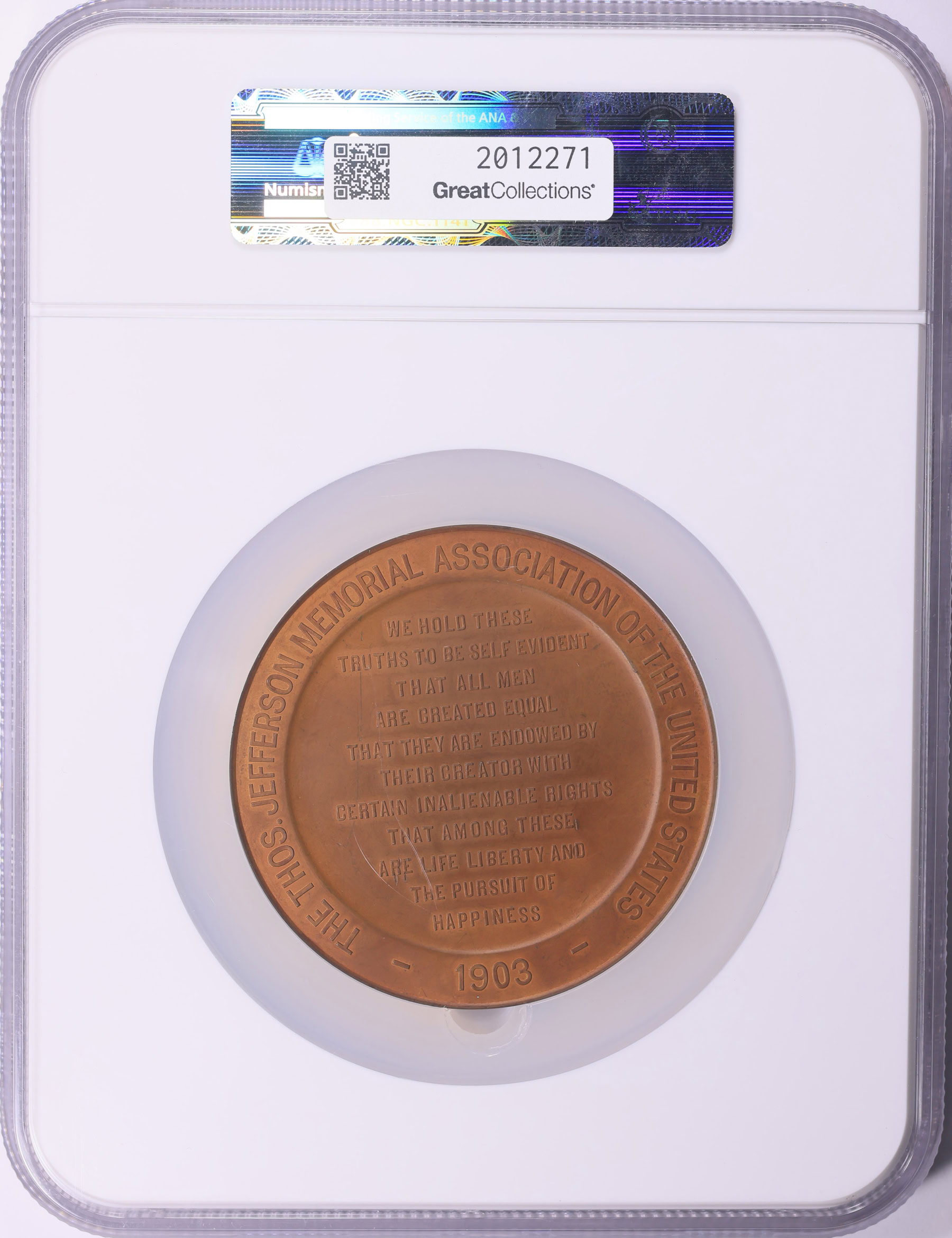1903-Dated Bronze 76mm Thomas Jefferson Memorial Association Medal