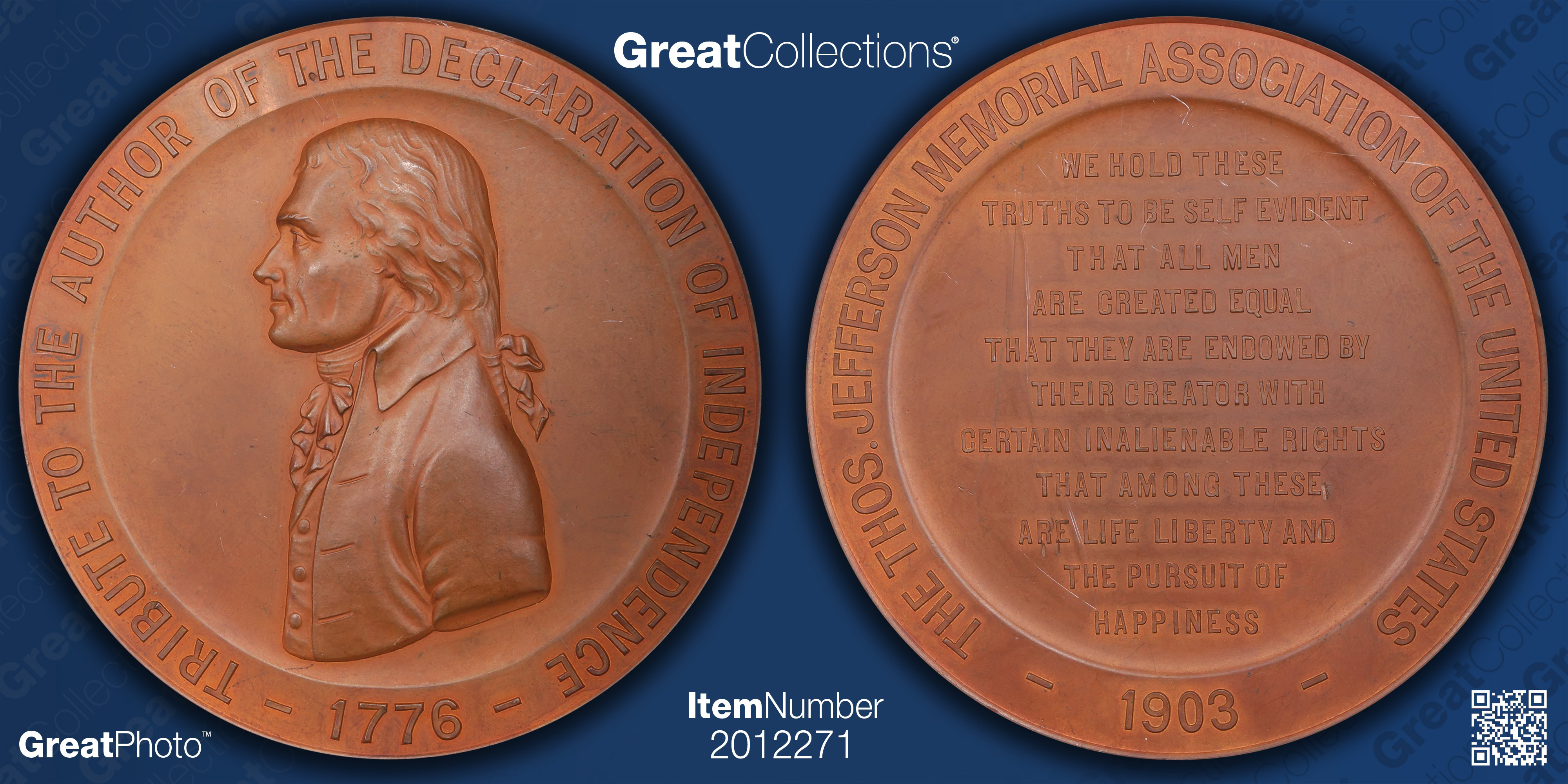 1903-Dated Bronze 76mm Thomas Jefferson Memorial Association Medal