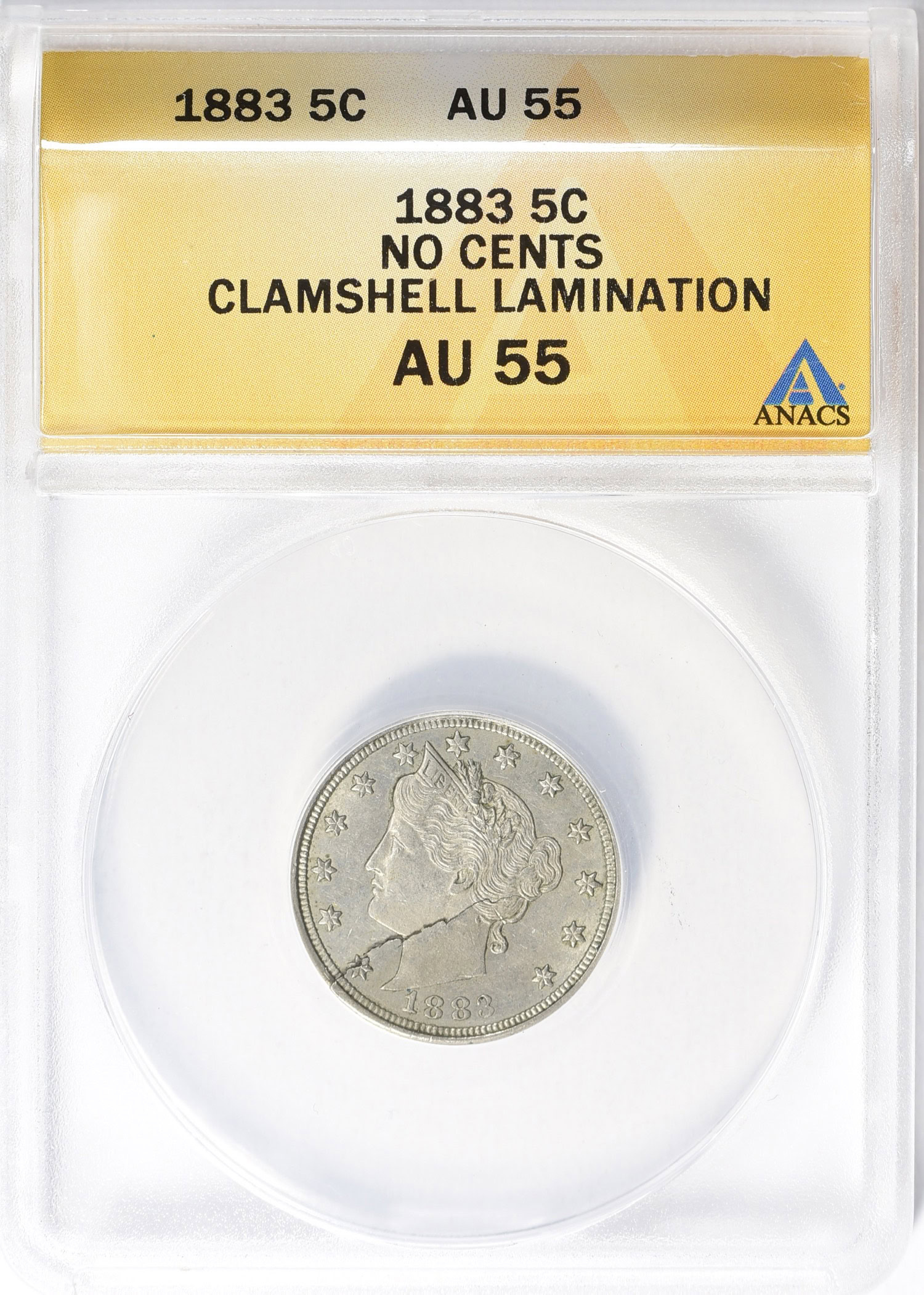 Mint Error 1883 Liberty Nickel No CENTS Clamshell Lamination ANACS