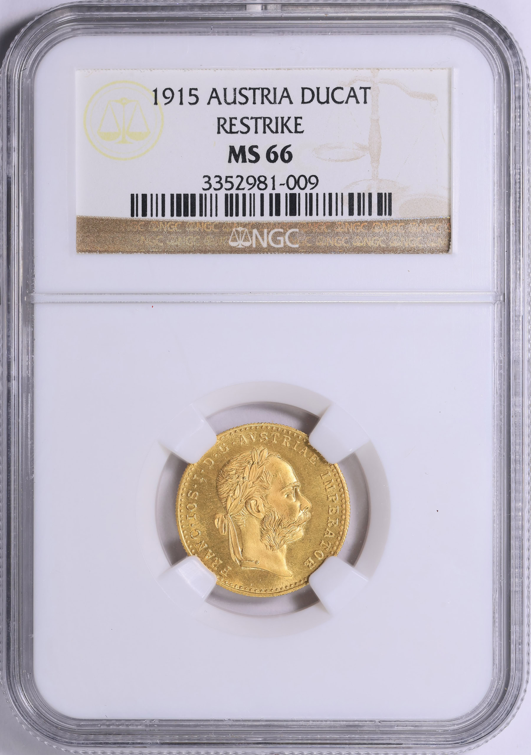 Austria 1915 Gold Ducat Restrike KM-2267 NGC MS-66 (AGW = 0.1107