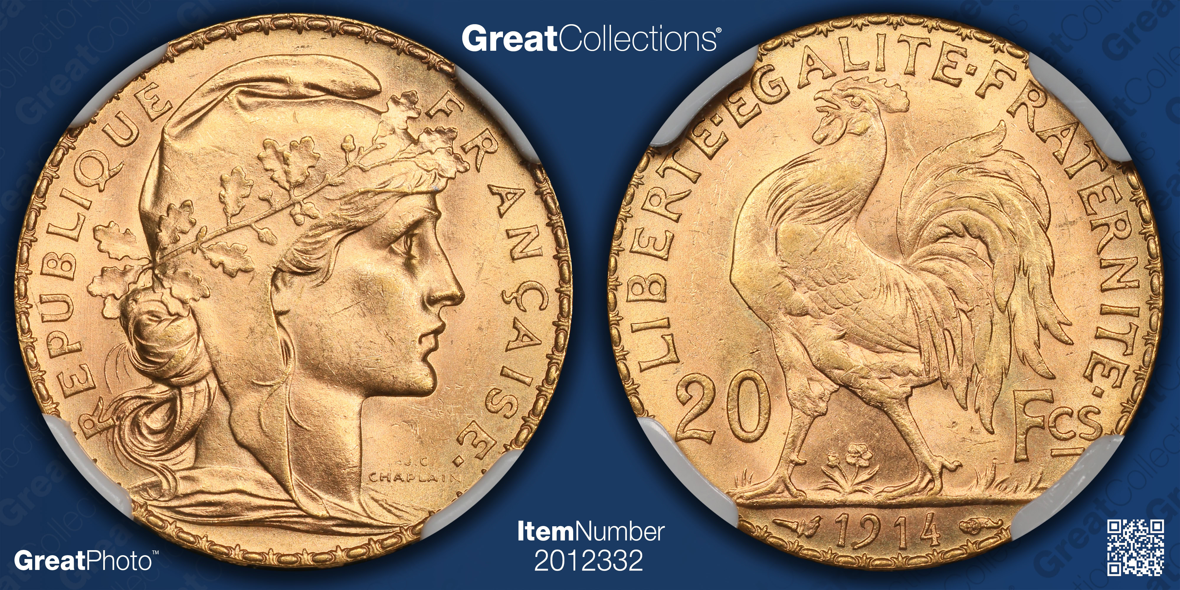France 1914 Gold 20 Francs KM-857 NGC MS-64 (AGW = 0.1866 oz