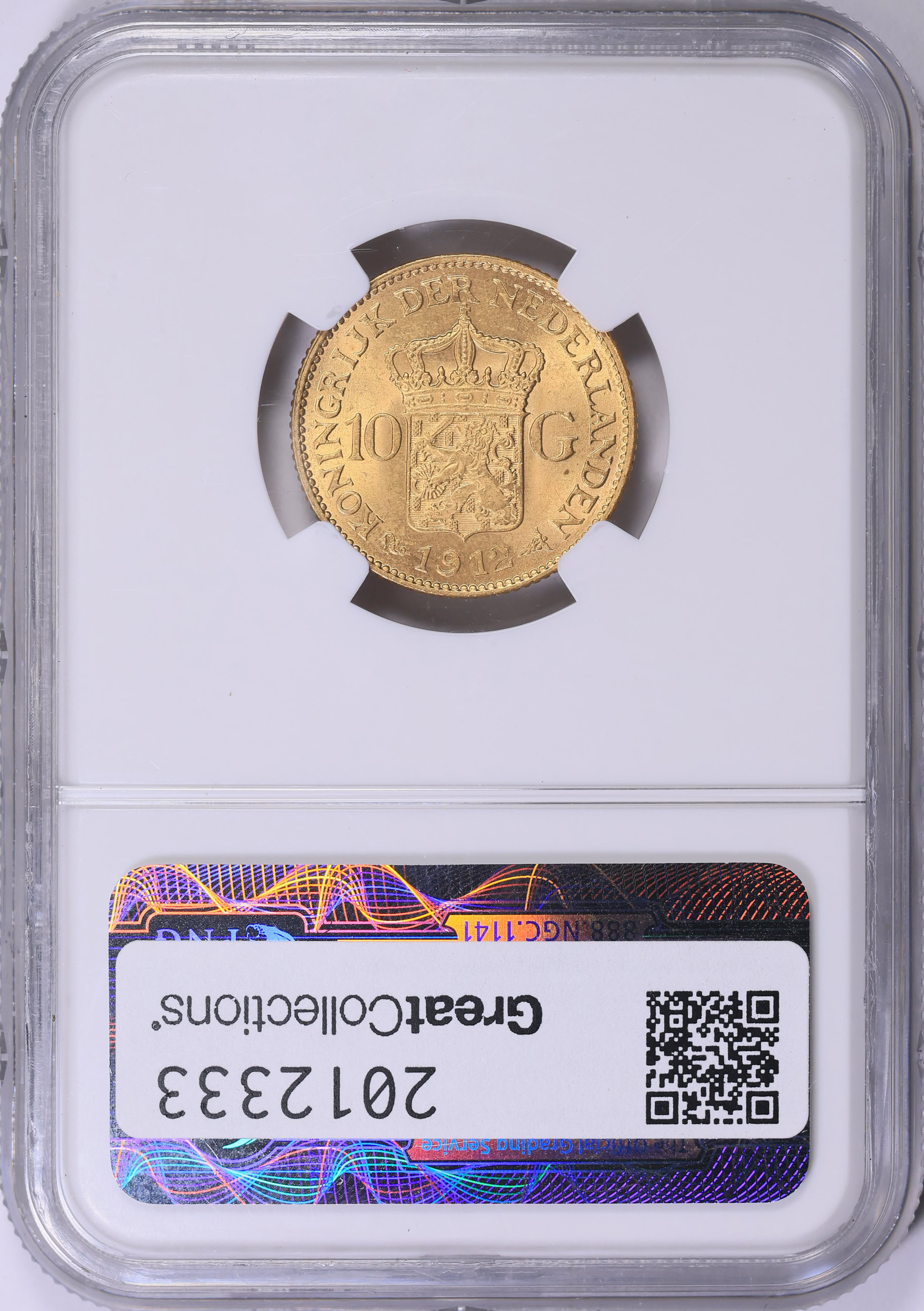 Netherlands 1912 Gold 10 Gulden KM-149 NGC MS-64 (AGW = 0.1947 oz