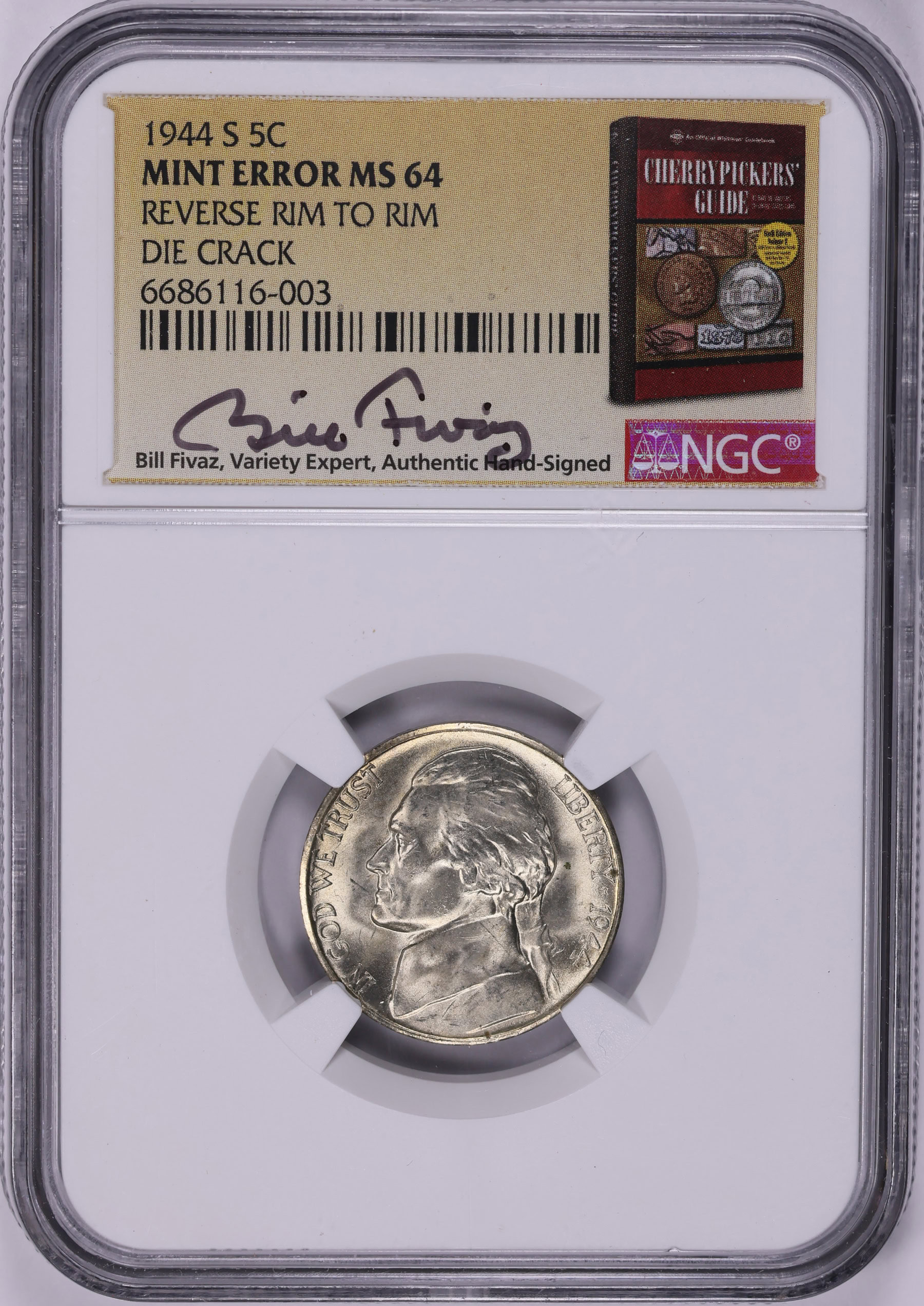 Mint Error 1944-S Jefferson Nickel Reverse Rim to Rim Die Crack