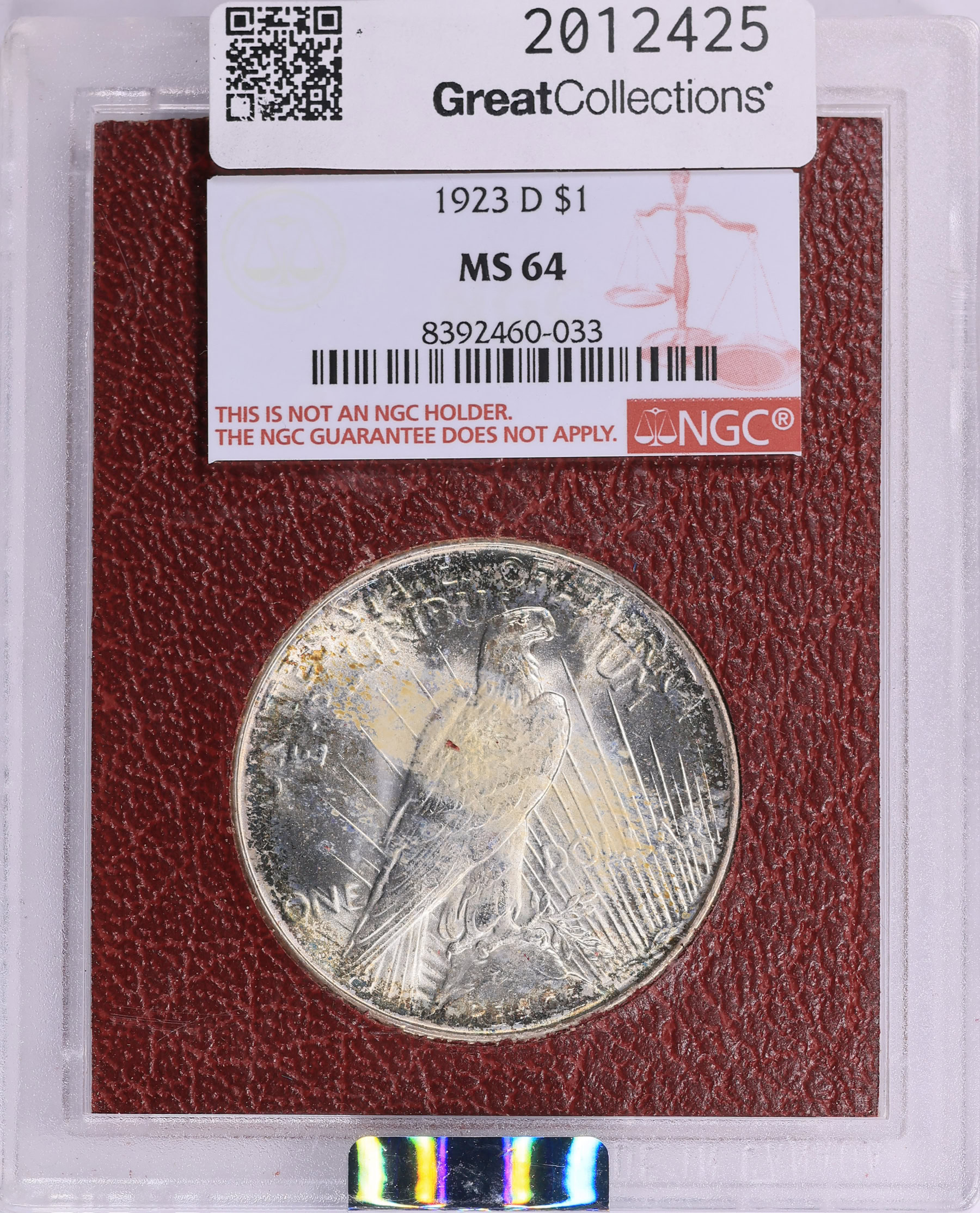 1923-D Peace Silver Dollar NGC MS-64 (Paramount Red Holder) (Toned