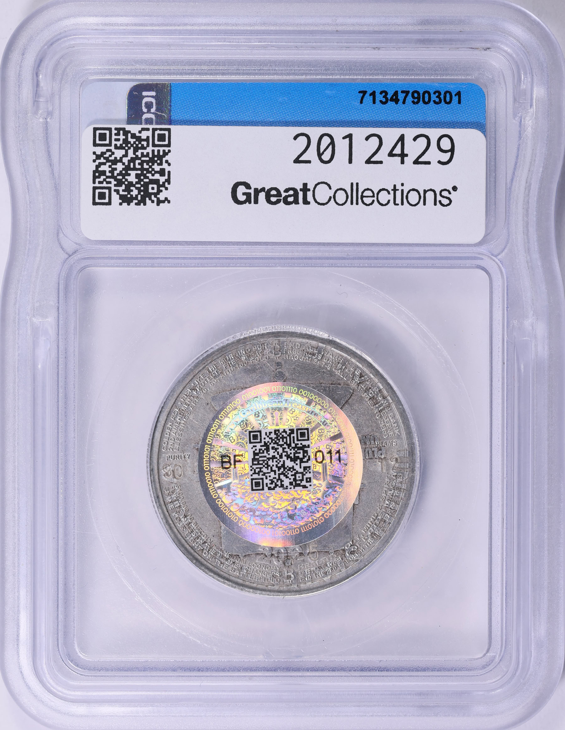 2025 Silver 0.005 BTC Caribbean Treasures Token ICG MS-67 (ASW = 0.362 oz.)  | ICG Cert #7134790301 | GreatCollections Coin Auctions Item #2012429