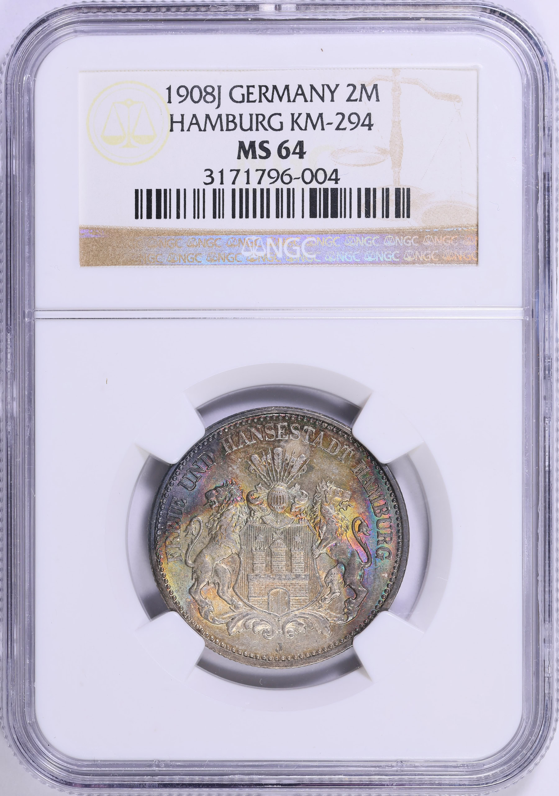 Germany - Hamburg 1908-J Silver 2 Marks KM-612 NGC MS-64 (Toned