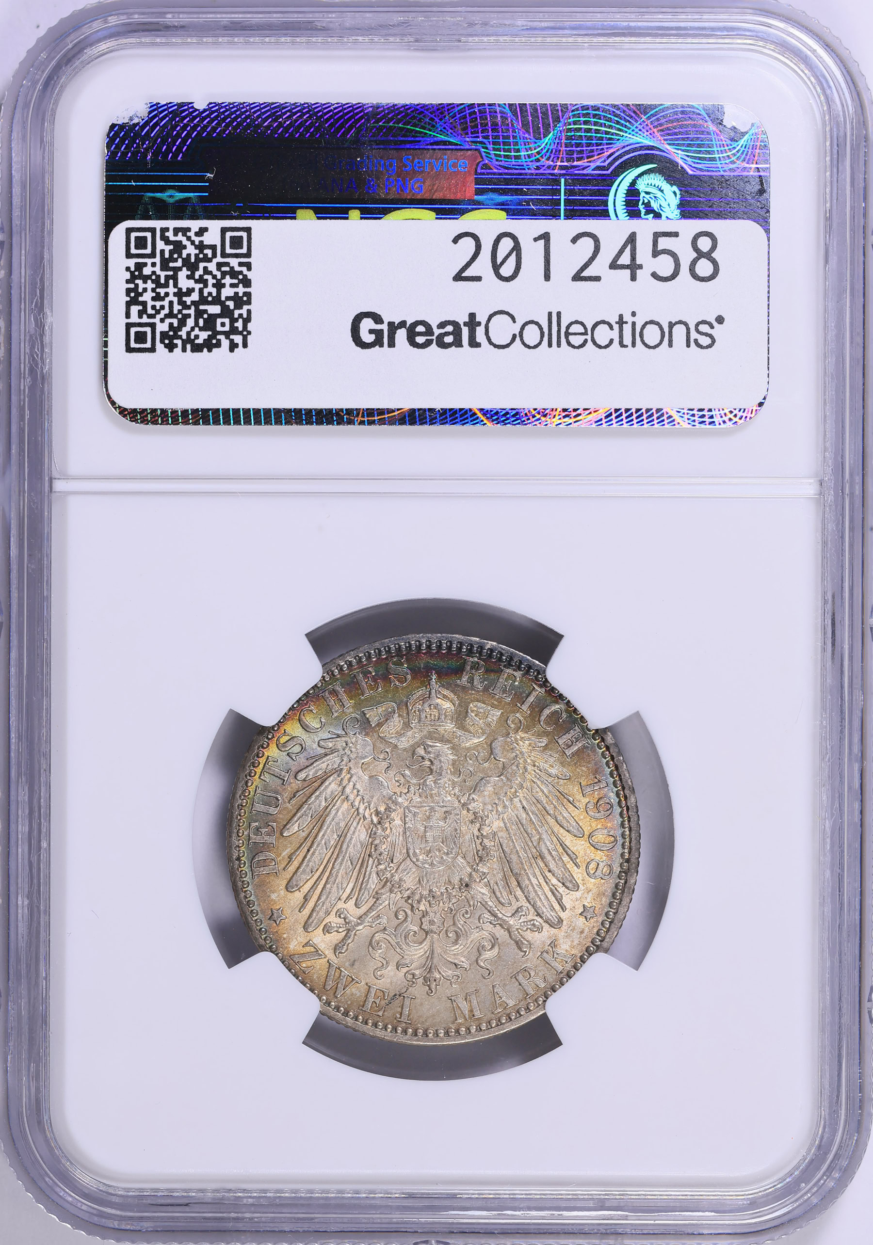 Germany - Hamburg 1908-J Silver 2 Marks KM-612 NGC MS-64 (Toned