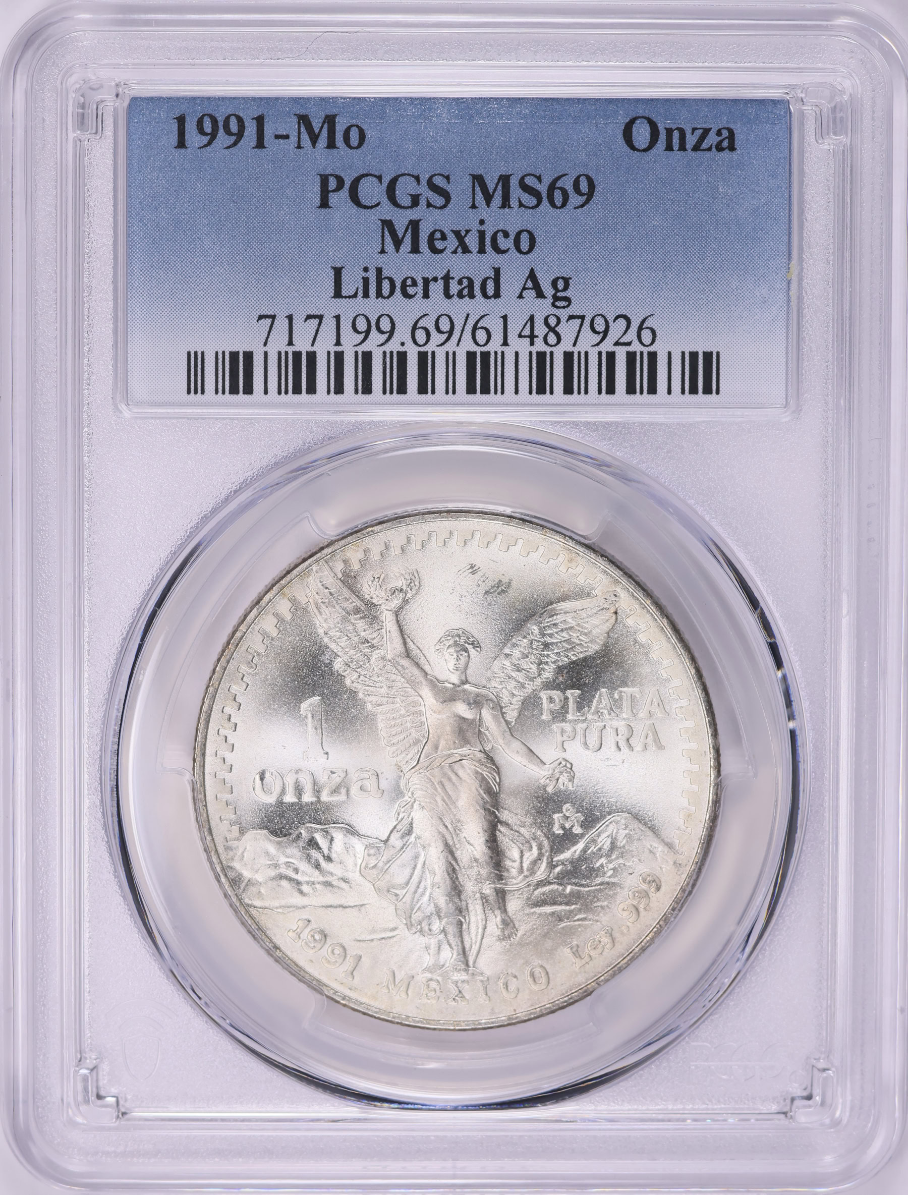 Mexico 1991-Mo Silver Onza Libertad Type 1 KM-494.2 PCGS MS-69