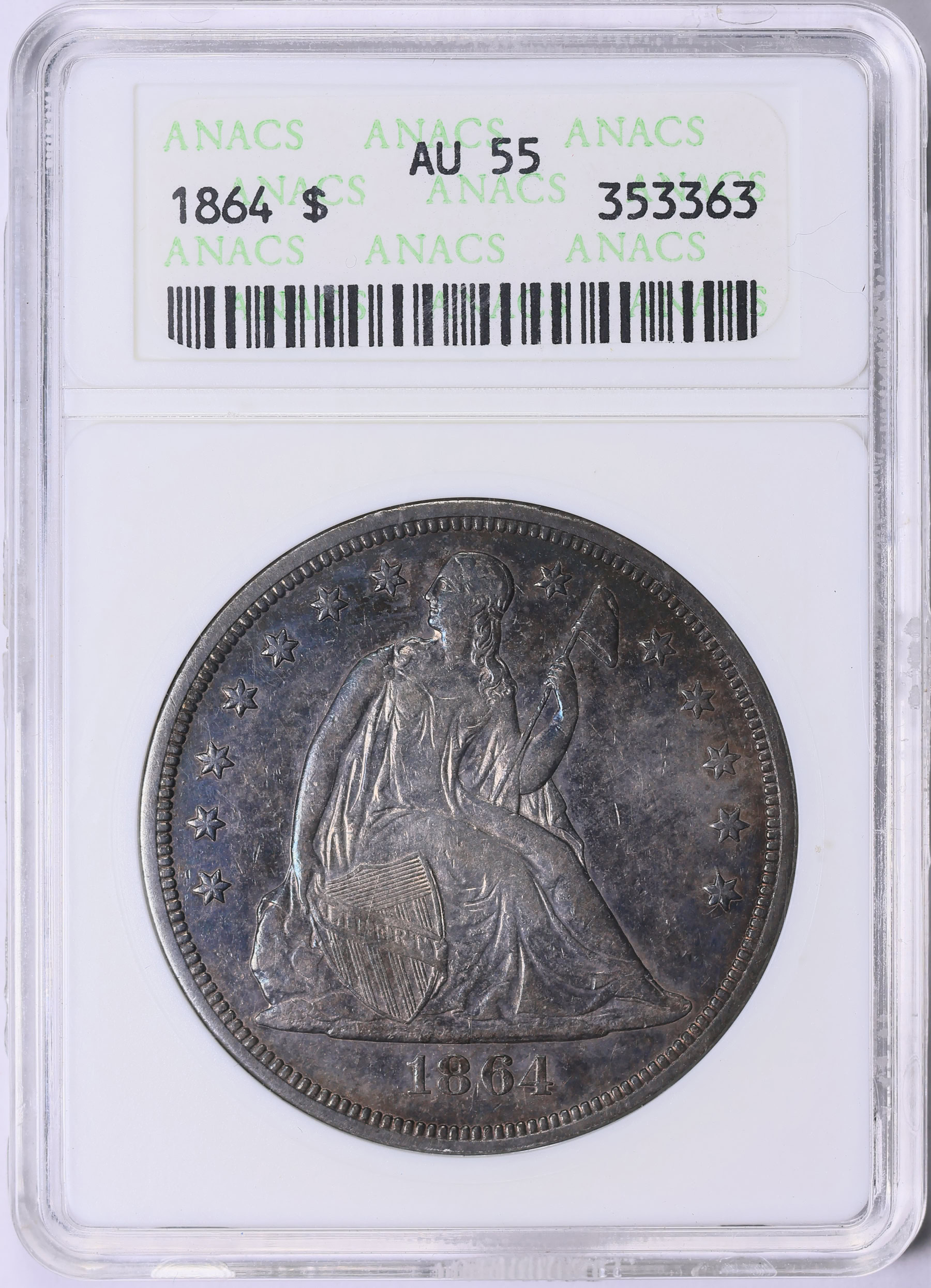 1864 Seated Liberty Silver Dollar ANACS AU-55 OH (Toned) (Item